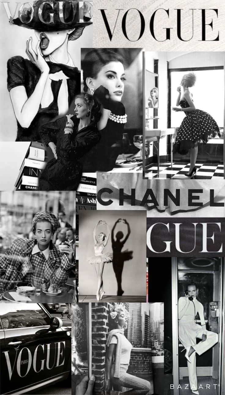 Chanel 桌布 壁紙 — 一張黑白拼貼的復古Vogue和Chanel時尚照片，展現華麗模特兒的優雅姿態和標誌性場景。