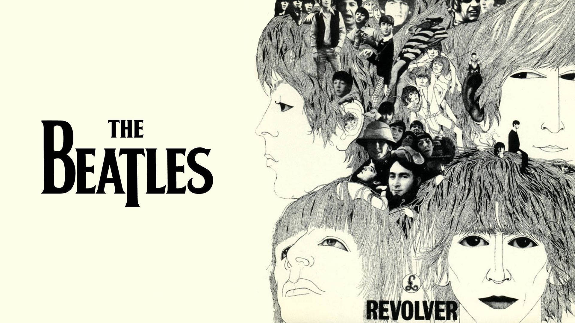 披頭四 桌布 壁紙 — 一張黑白插圖專輯封面， featuring The Beatles，臉孔和人物精細地層疊在他們的頭髮中。