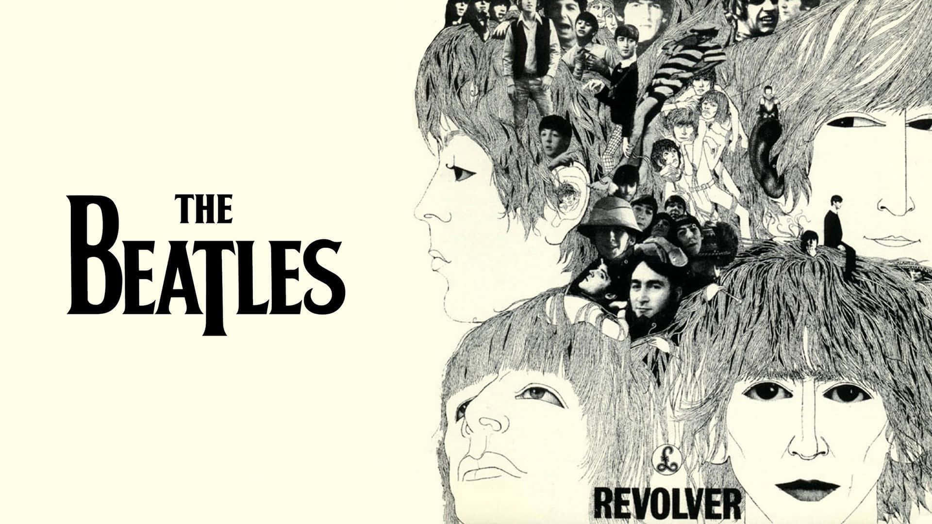 the beatles 桌布 壁紙 — 一張黑白插圖專輯封面， featuring The Beatles，頭髮中分層的臉孔，背景為奶油色。