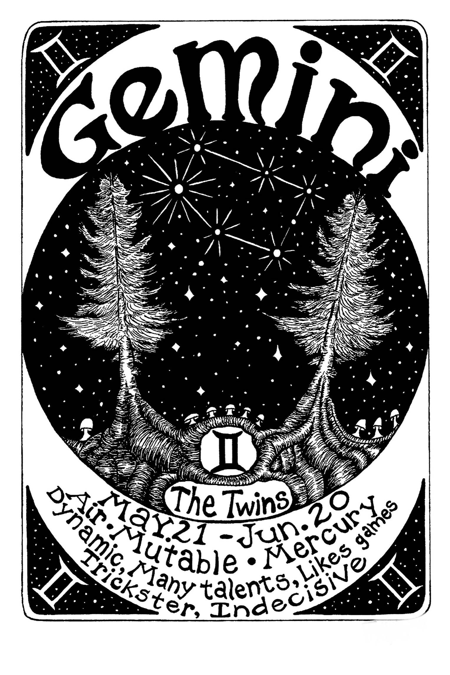 gemini 桌布 壁紙 — 一張黑白插圖的雙子座星座卡，雙子樹環繞星空，帶有星座線和占星文字。