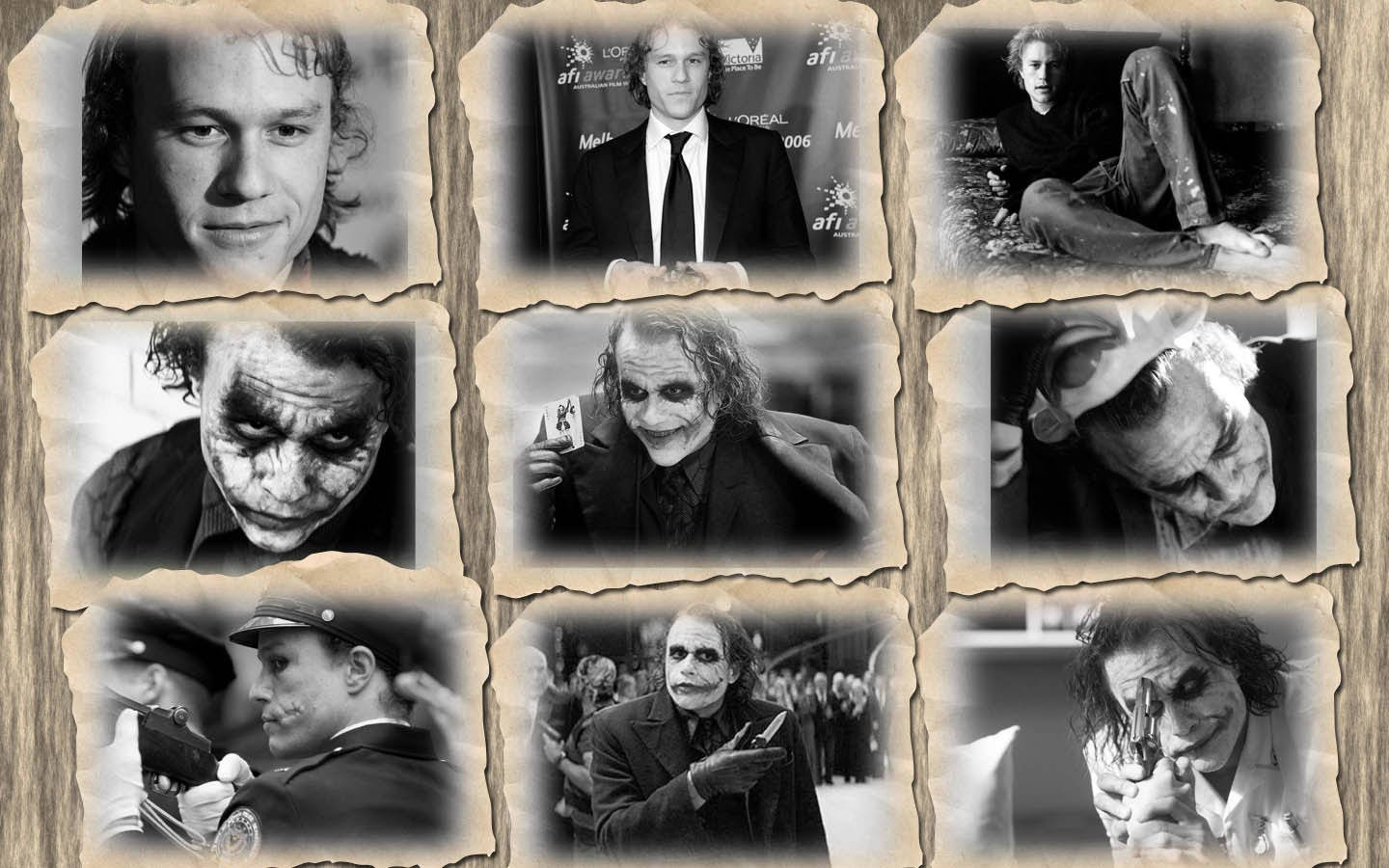 Heath Ledger 桌布 壁紙 — 一張黑白撕裂相框拼貼畫，呈現希斯·萊傑飾演的小丑在各種強烈姿勢中。