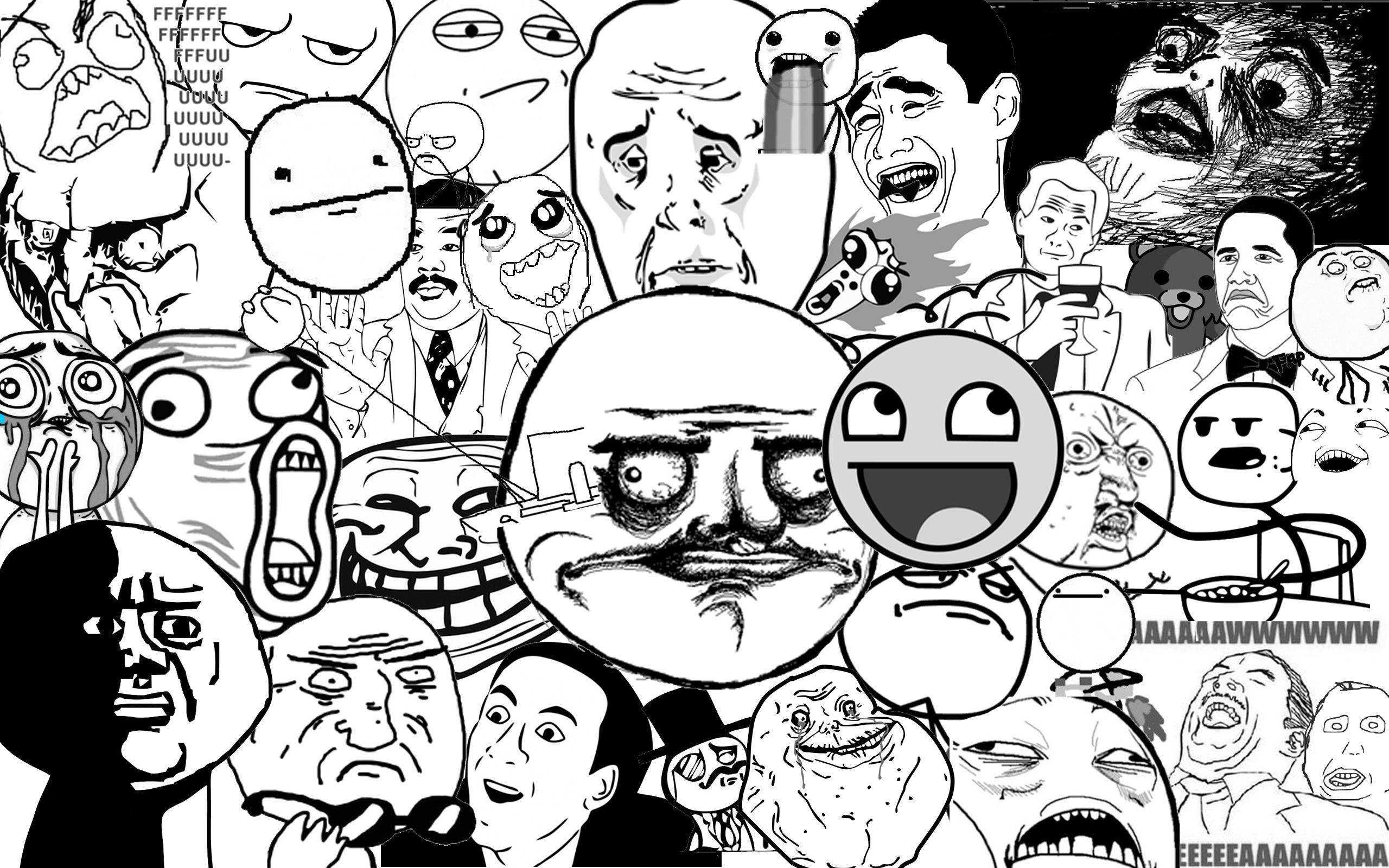 meme 桌布 壁紙 — 一張黑白混亂拼貼畫，包含極度誇張的網路迷因和卡通面孔，表情扭曲。