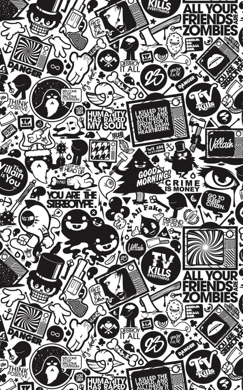 Black And White Collage 桌布 壁紙 — 一張黑白混亂的拼貼畫，由龐克風格貼紙組成，上面密密麻麻地排列著骷髏、文字和符號。