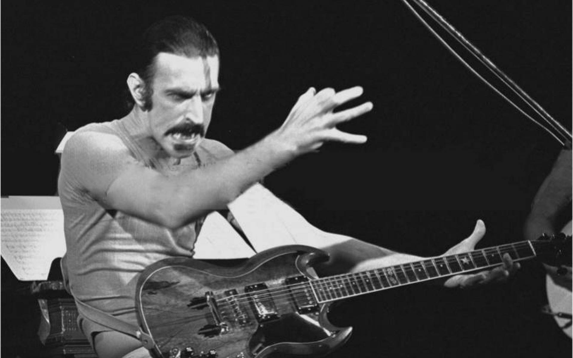 Zappa 桌布 壁紙 — 一張黑白照片，一名留鬍鬚的男子在舞台上激烈地彈奏電吉他。