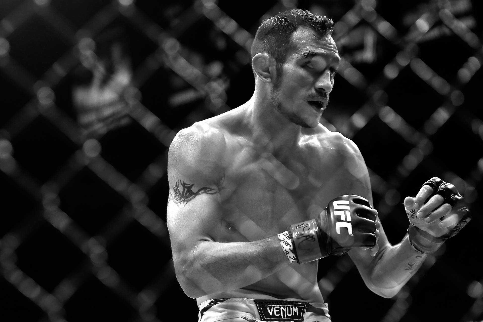 UFC 桌布 壁紙 — 一張黑白照片，一名肌肉發達的拳手戴著UFC手套，站在八角籠內，神情專注。