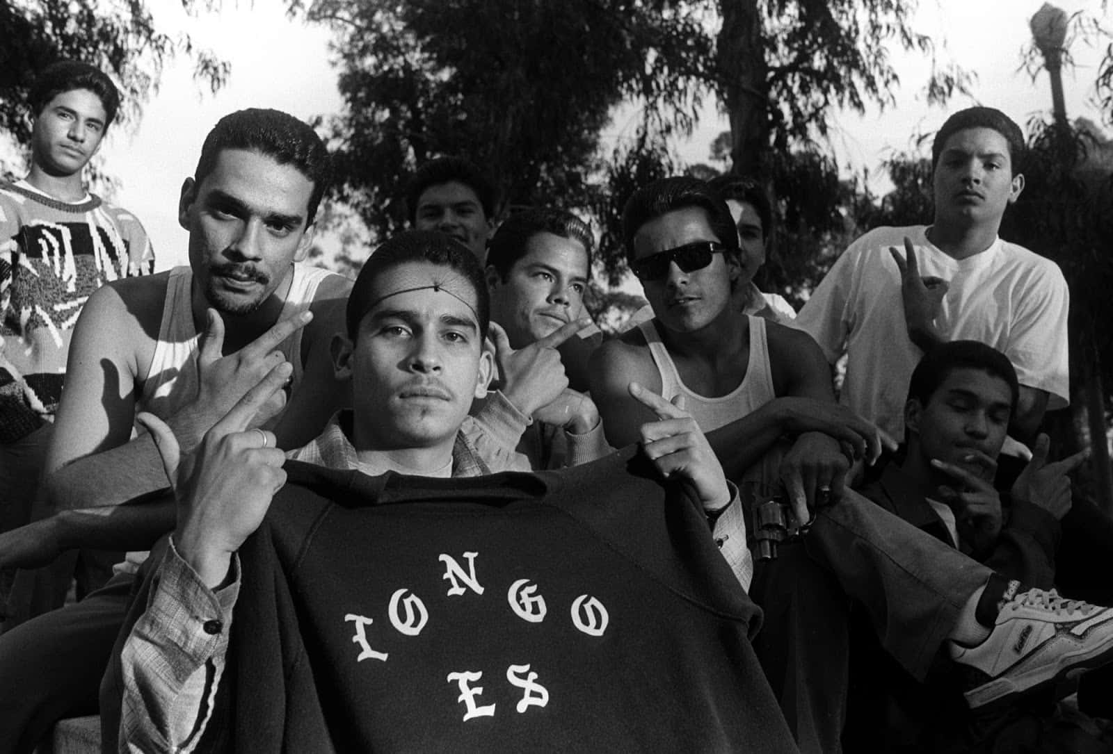 Gang 桌布 壁紙 — 一張黑白照片，一群年輕男子自信地在戶外擺姿勢，背景有樹木。