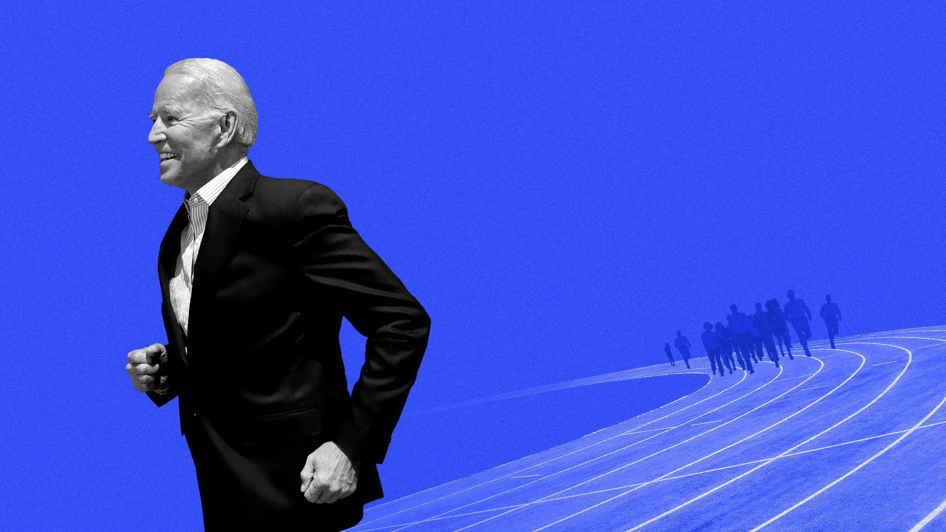 Biden 桌布 壁紙 — 一張黑白照片，喬·拜登在藍色跑道上奔跑，剪影跑者逐漸消失在遠方。