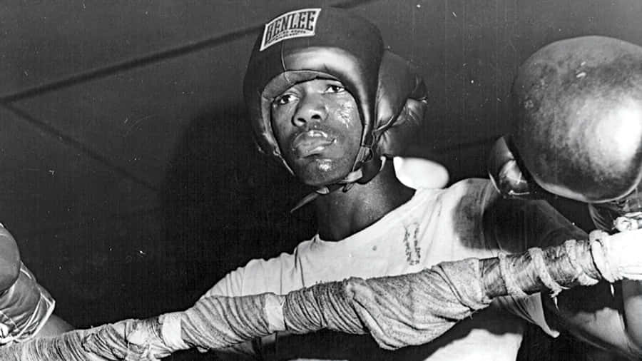 Boxing 桌布 壁紙 — 一張黑白照片，展示一位專注的拳擊手穿著訓練裝備，臉上流汗，雙手纏著繃帶。