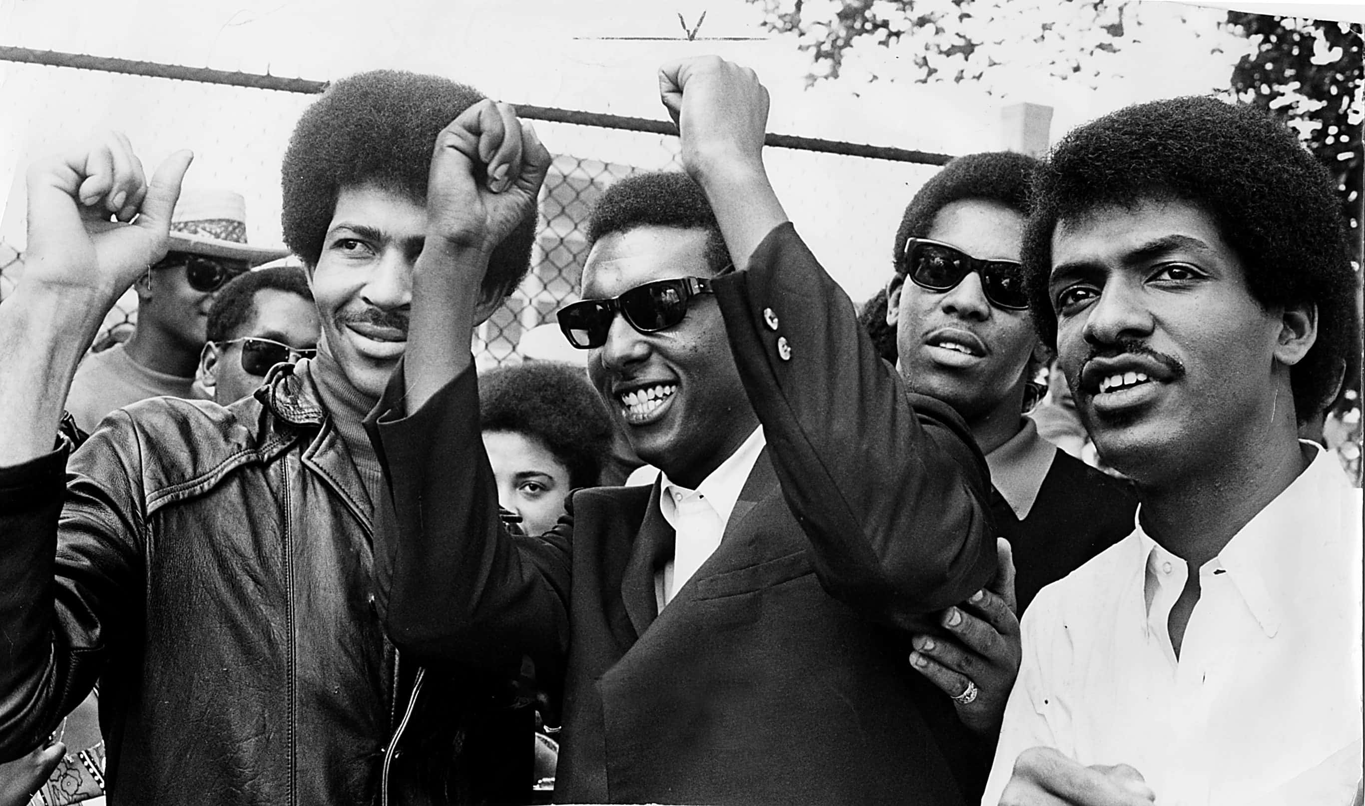 Black Power 桌布 壁紙 — 一張黑白照片，展示一群面帶微笑、留著非洲式髮型的男子，在歡樂的抗議或慶祝活動中高舉拳頭。
