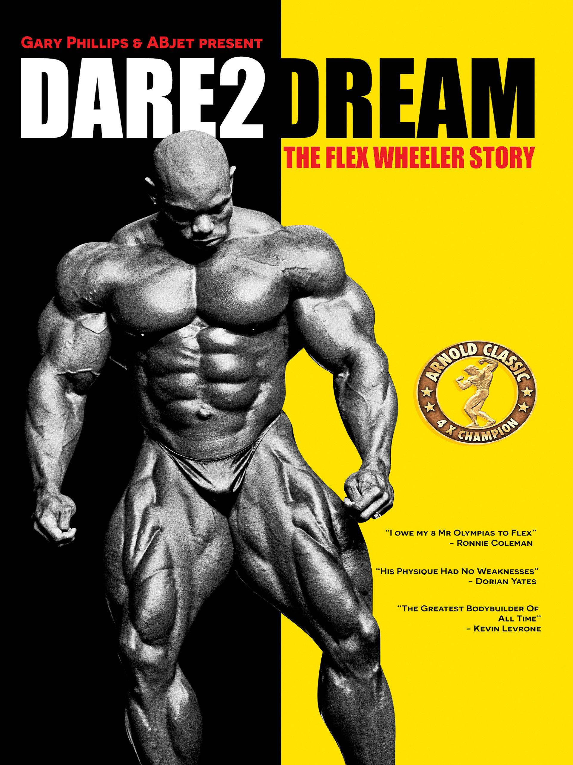 flex wheeler 桌布 壁紙 — 一張黑白照片，肌肉發達的健美運動員在鮮明的黃色和黑色背景前擺姿勢，帶有文字和語錄。