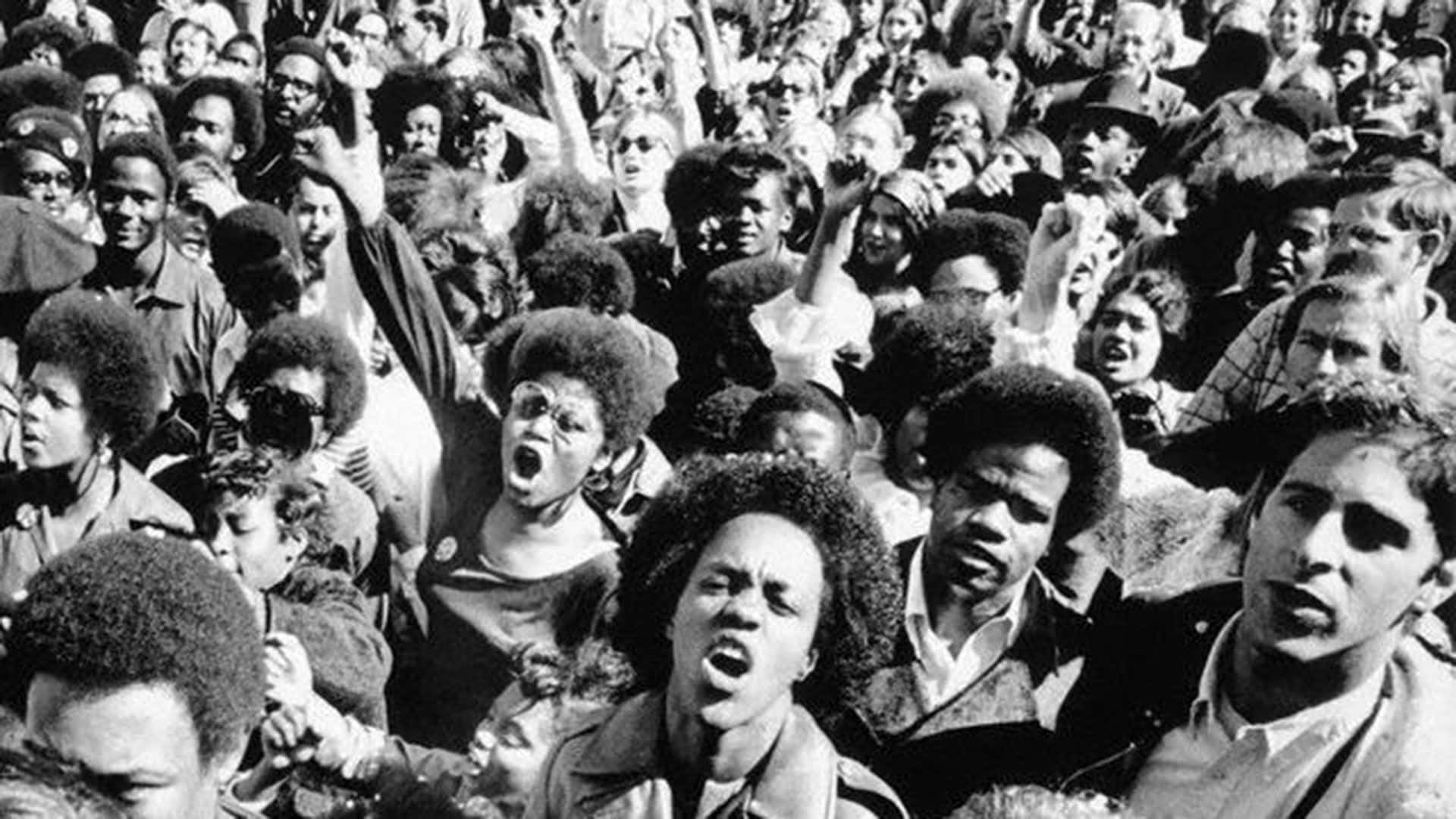 Black Panther Party 桌布 壁紙 — 一張黑白照片，顯示密集的人群，他們留著非洲式髮型，正在呼喊並舉起拳頭抗議。