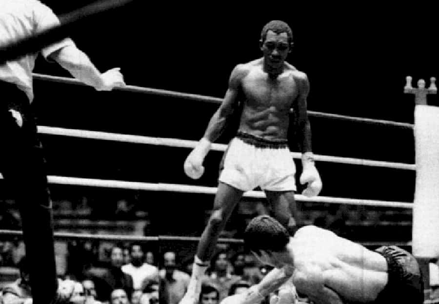 Boxing 桌布 壁紙 — 一張黑白照片捕捉到一位勝利的拳擊手站在擂台上倒下的對手旁邊，附近有裁判。
