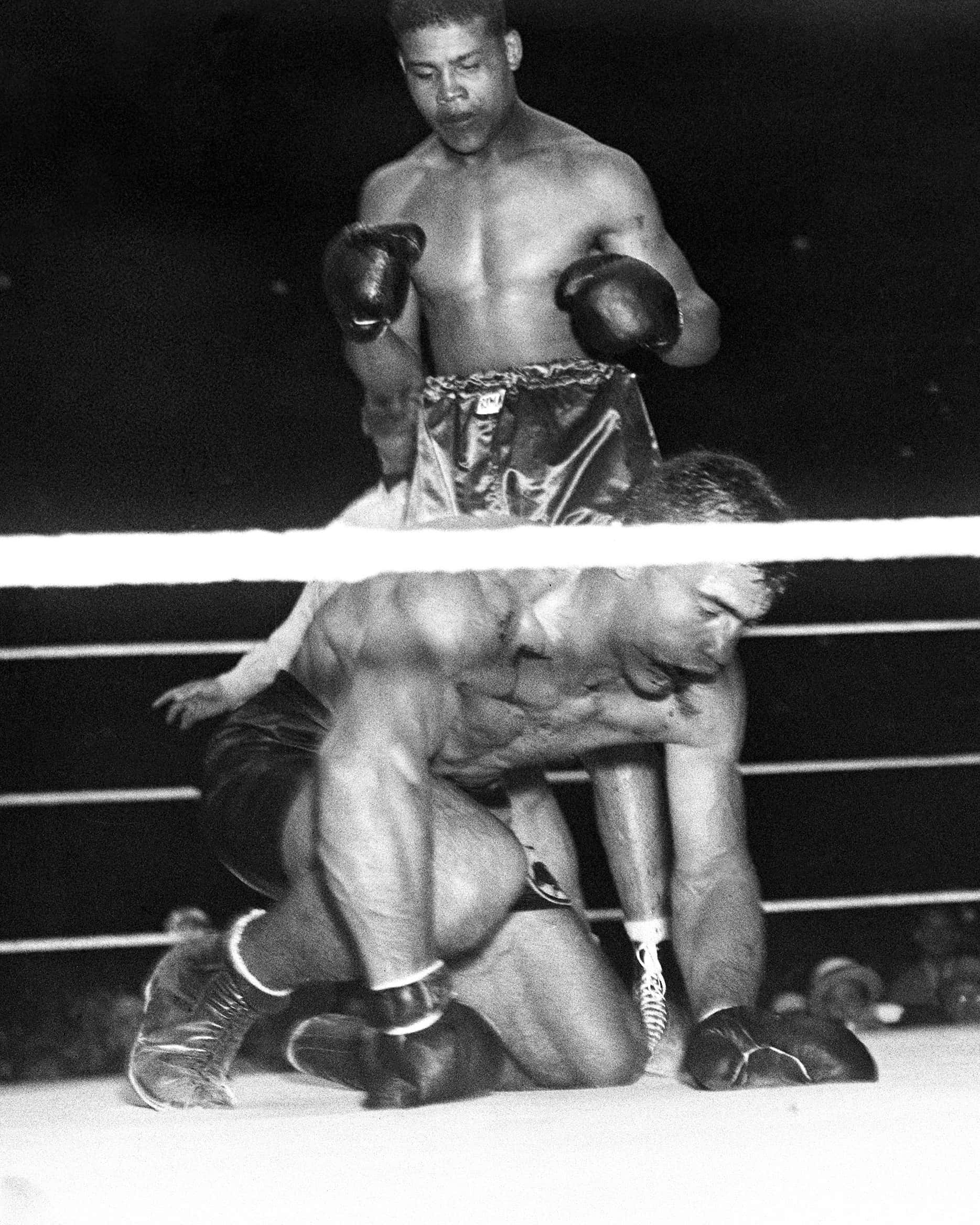 Boxing 桌布 壁紙 — 一張黑白照片捕捉到一名拳擊手站在擂台上跪著的對手上方。