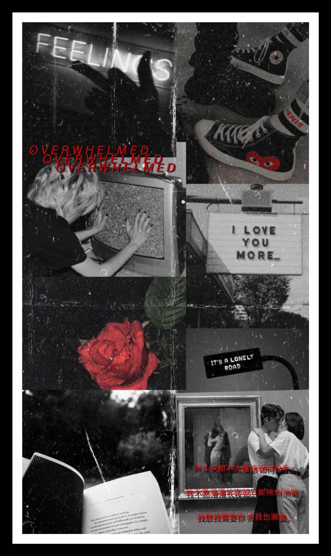 Grunge Emo Aesthetic 桌布 壁紙 — 一張黑白照片的情緒化拼貼，配上一朵紅玫瑰和文字疊加，表達如 overwhelmed 和 love 的情感。