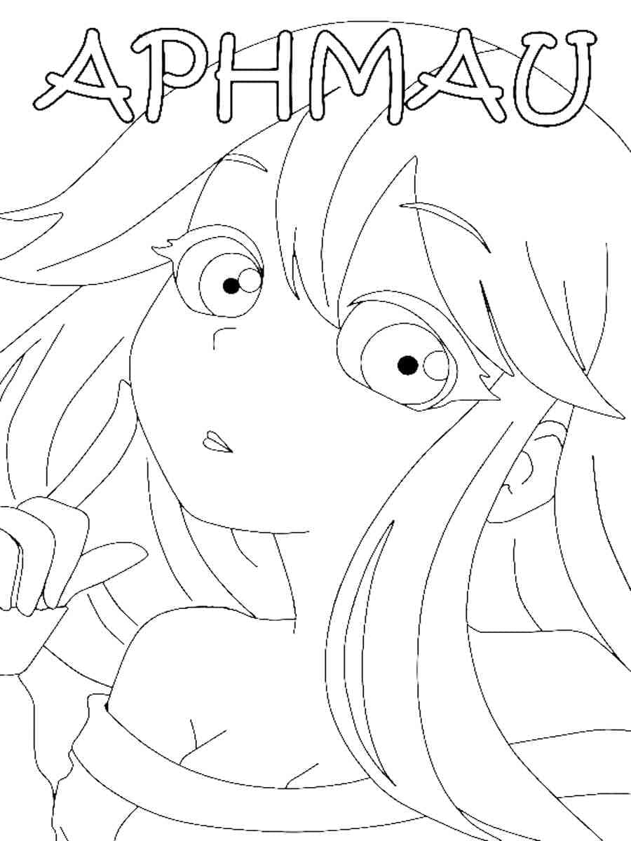 Aphmau 桌布 壁紙 — 一張黑白線條藝術填色頁，描繪一位大眼睛、秀髮飄逸的動漫女孩，標有「APHMAU」。