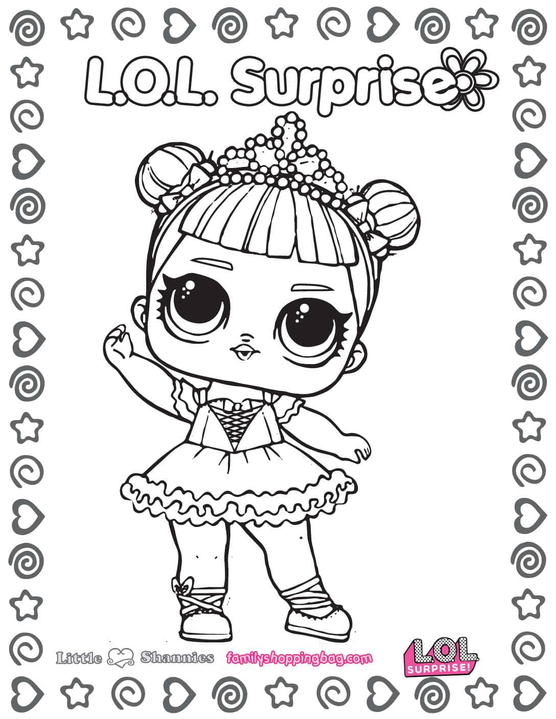 coloring 桌布 壁紙 — 一張黑白線條藝術填色頁，描繪穿著芭蕾舞服的LOL Surprise娃娃，帶有裝飾邊框。