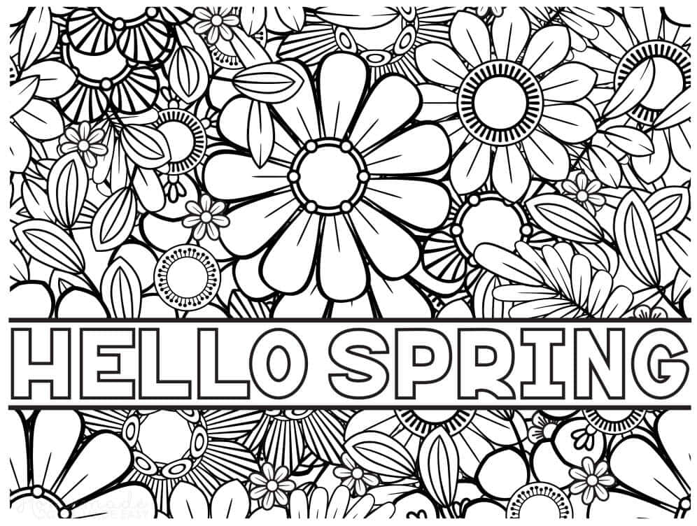 Spring Coloring 桌布 壁紙 — 一張黑白線條藝術著色頁，充滿複雜的花卉圖案和粗體「HELLO SPRING」文字。