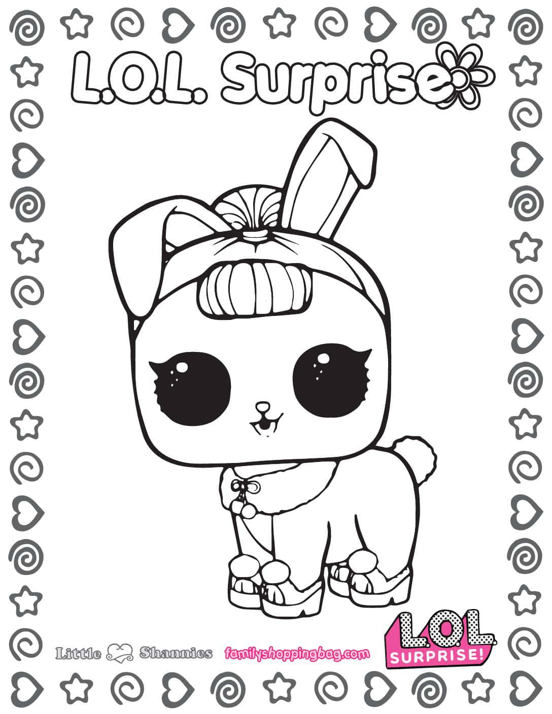 Doll 桌布 壁紙 — 一張黑白線條藝術著色頁，描繪一隻可愛的LOL Surprise兔子娃娃，有大眼睛和蝴蝶結頭帶。