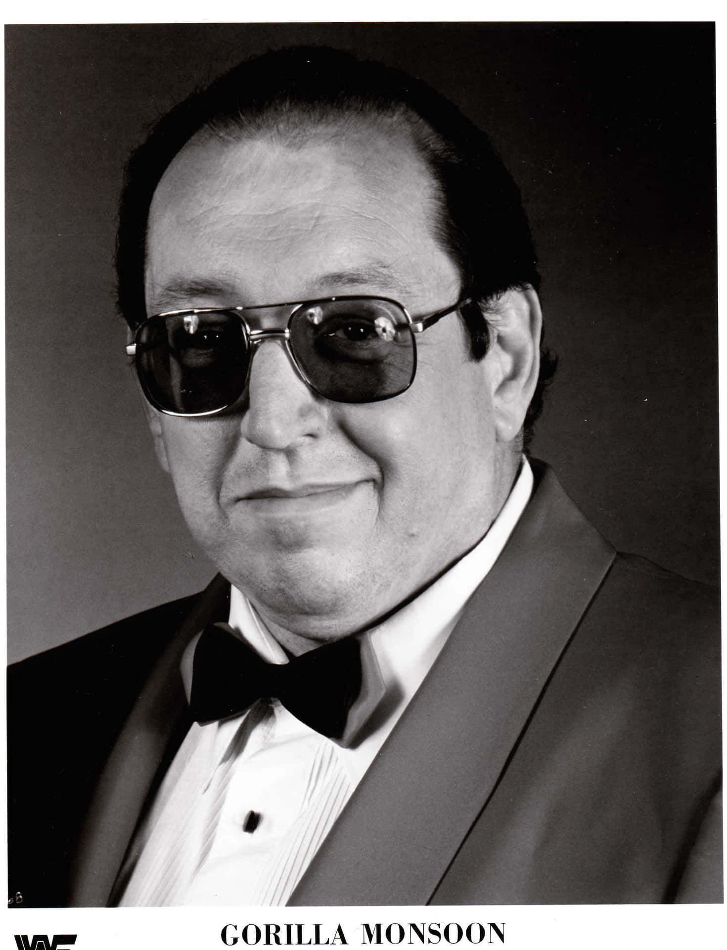 黑白 桌布 壁紙 — 一張黑白肖像，Gorilla Monsoon 身穿燕尾服、戴著太陽眼鏡，露出自信的笑容。