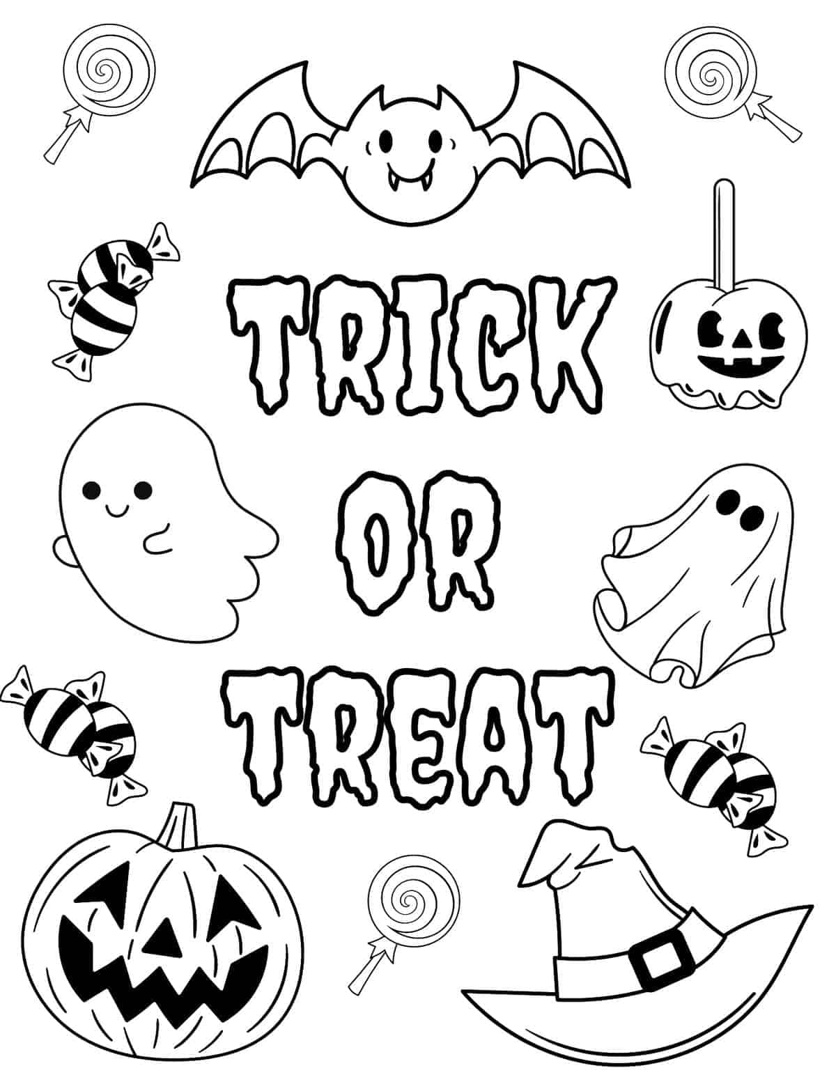 萬聖節動圖 桌布 壁紙 — 一張黑白萬聖節著色頁，圍繞著「trick or treat」字樣，有可愛的鬼魂、蝙蝠、南瓜和糖果。