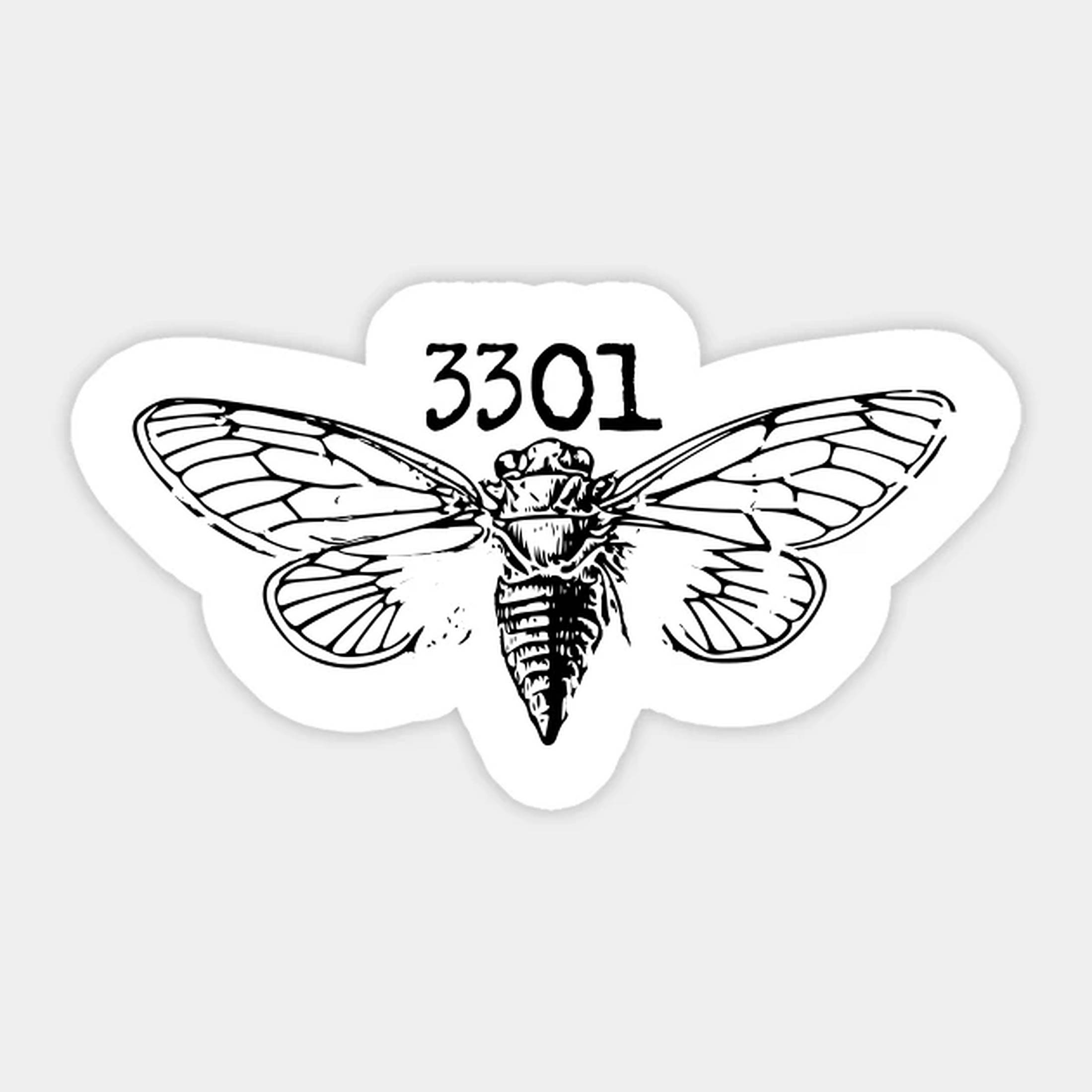 Cicada 桌布 壁紙 — 一張黑白貼紙展示了一隻細節豐富的蟬，其頭頂上方印有數字3301。