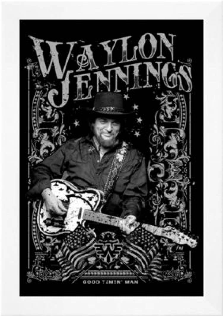 Singing 桌布 壁紙 — 一張黑白風格化的海報，Waylon Jennings 微笑著拿著吉他，背景是華麗的裝飾邊框。