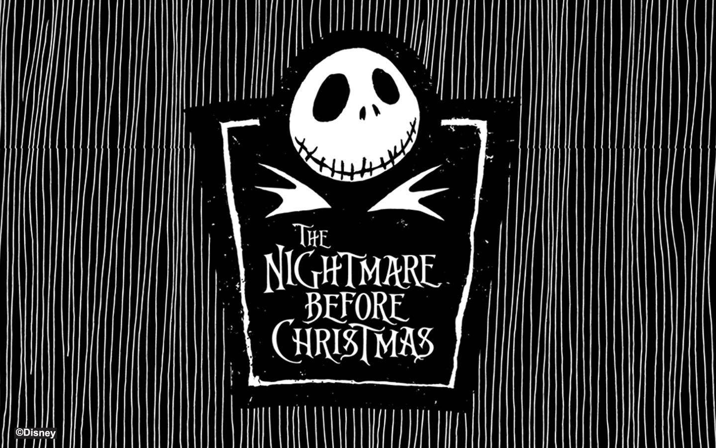 nightmare 桌布 壁紙 — 一張黑白風格海報，傑克·史克林頓的微笑頭骨位於《聖誕夜驚魂》標題上方，背景為條紋。