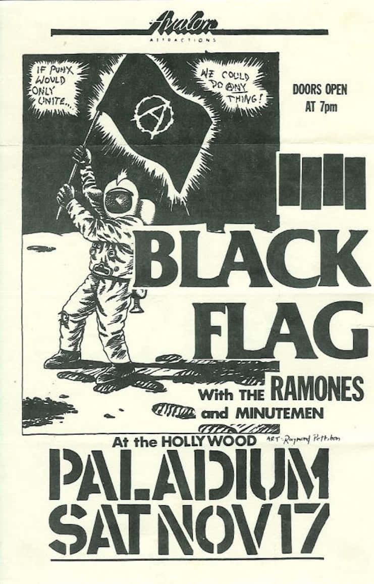 Black Flag Band 桌布 壁紙 — 一張黑白龐克搖滾音樂會海報，描繪一名太空人手持帶有無政府主義符號的黑旗。