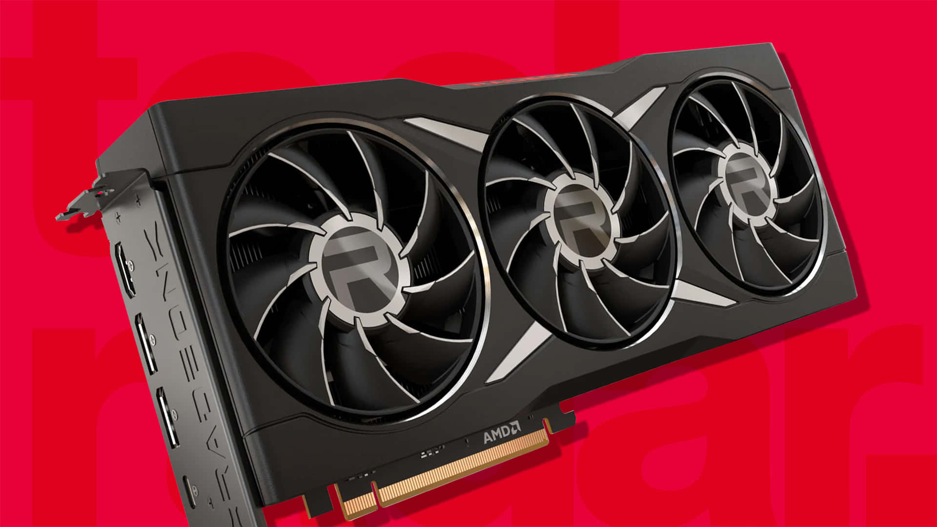 AMD 桌布 壁紙 — 一張黑色AMD Radeon顯示卡，三個風扇傾斜，襯托鮮豔的紅色背景。