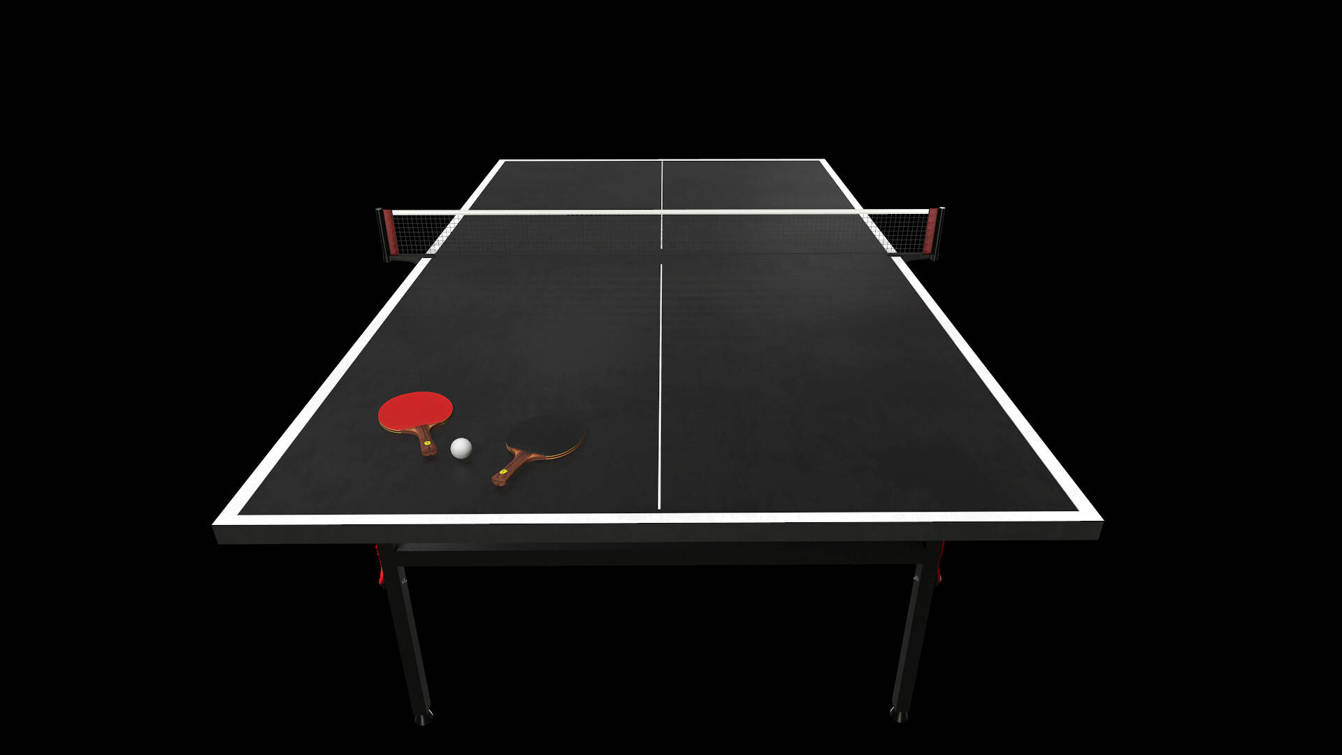 Table Tennis 桌布 壁紙 — 一張黑色乒乓球桌，白色線條和網居中，純黑色背景，一側有兩個球拍和一個球。