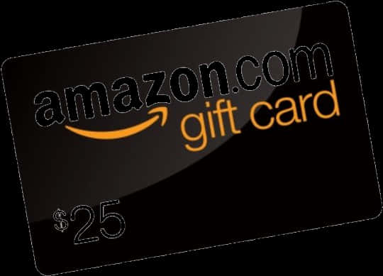 Amazon Logo 桌布 壁紙 — 一張黑色亞馬遜禮品卡，帶有橙色標誌和$25價值，背景為深色。