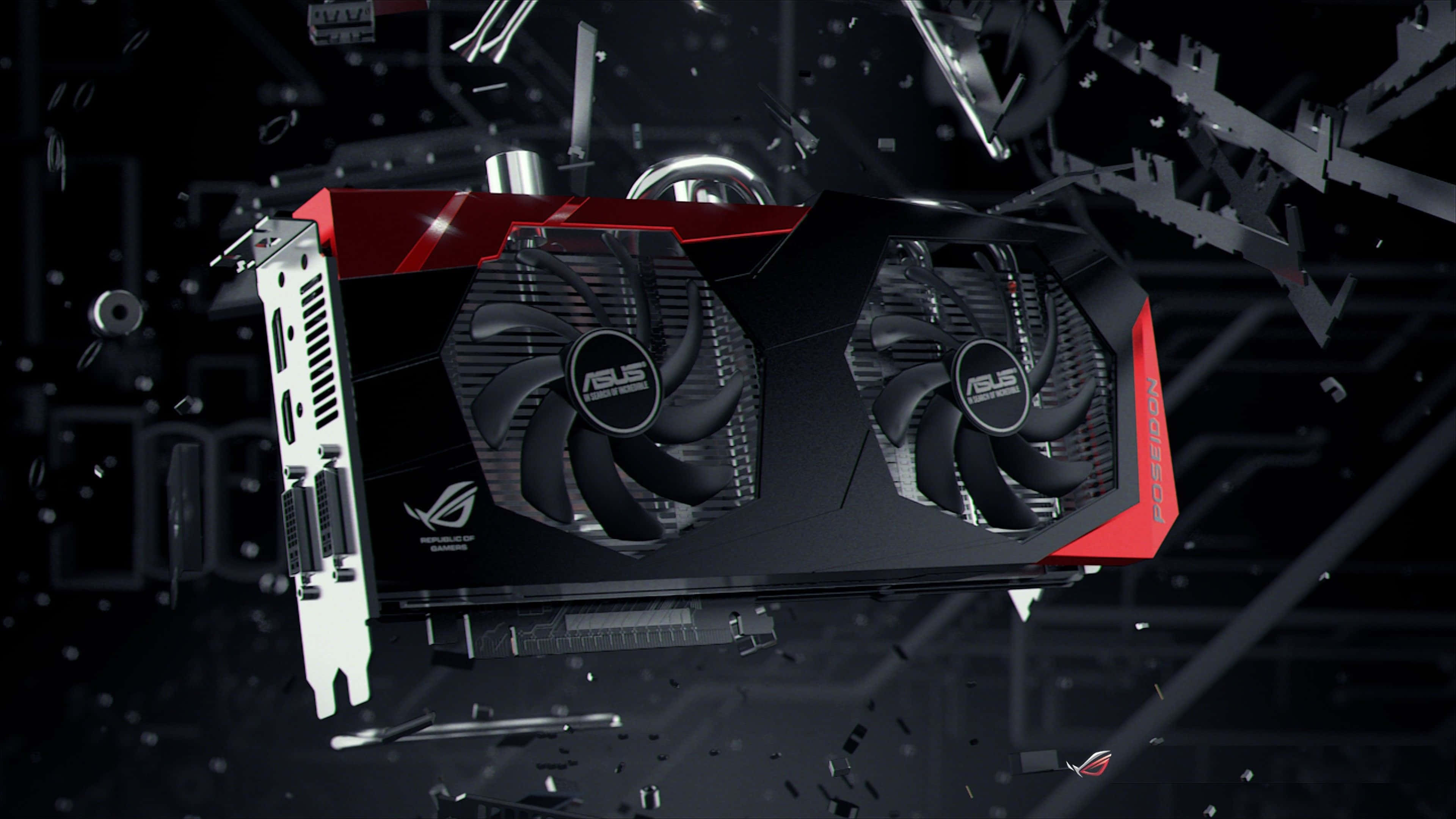 4K Graphics Cards 桌布 壁紙 — 一張黑色和紅色的ASUS ROG顯示卡在黑暗背景中漂浮於破碎電路之間。