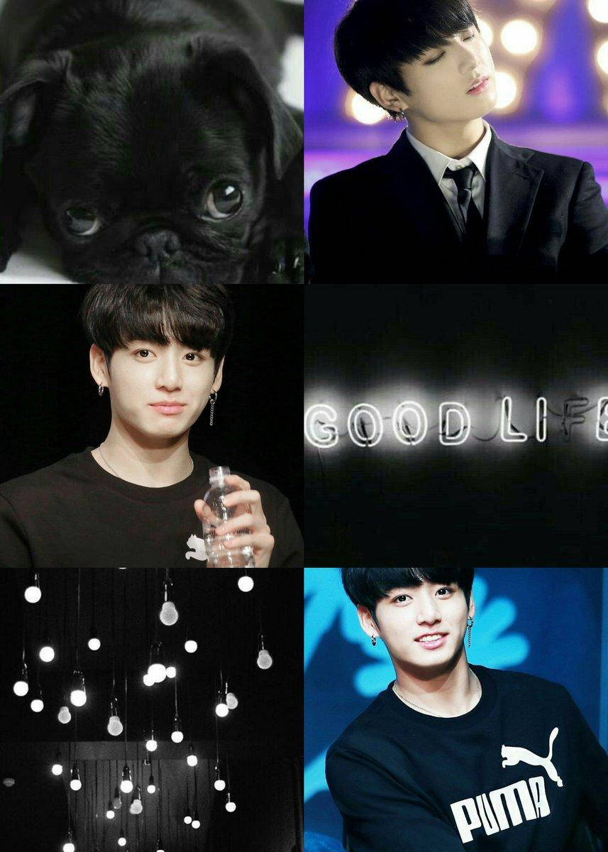 Jungkook Aesthetic 桌布 壁紙 — 一張黑色巴哥犬幼犬和四張年輕男子在不同場景的照片拼貼，包括穿著西裝、拿著水瓶、以及穿著Puma T恤微笑。