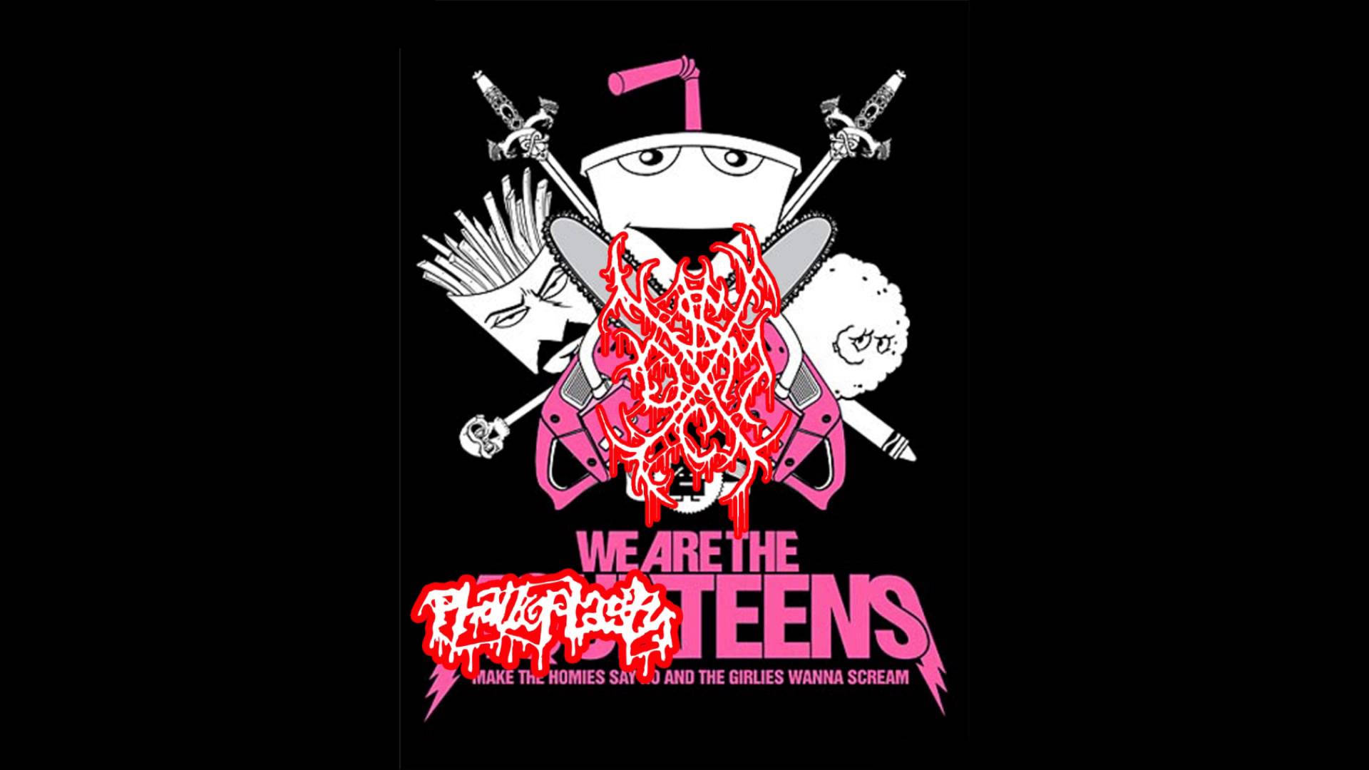 teen 桌布 壁紙 — 一張龐克搖滾海報，黑色背景上有一個粉紅色火焰骷髏，周圍環繞著交叉的劍和卡通人物。