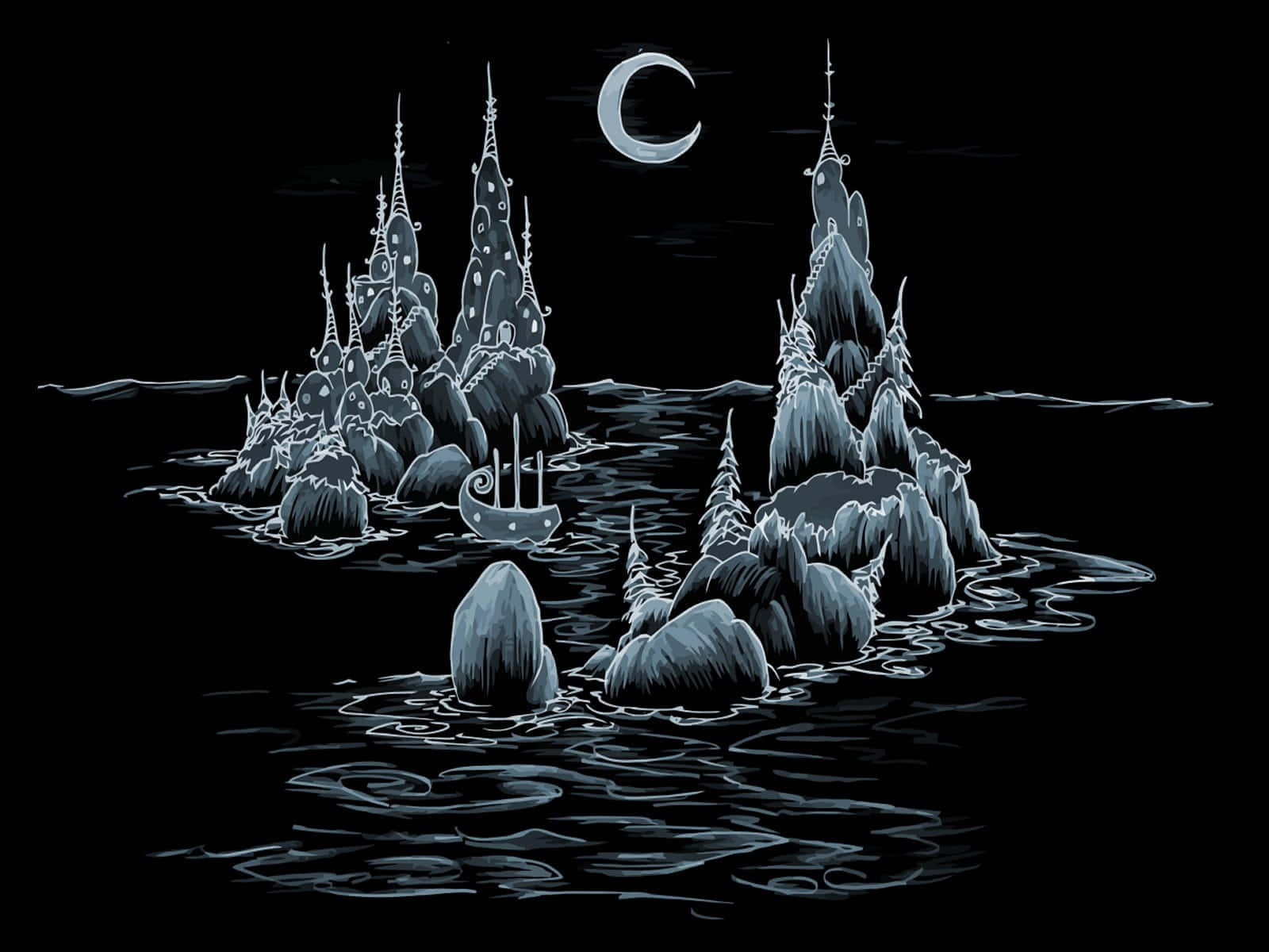 Dark Island 桌布 壁紙 — 一彎新月俯瞰著一艘幽靈船，在單色海景中漂浮於鋸齒狀的冰島之間。