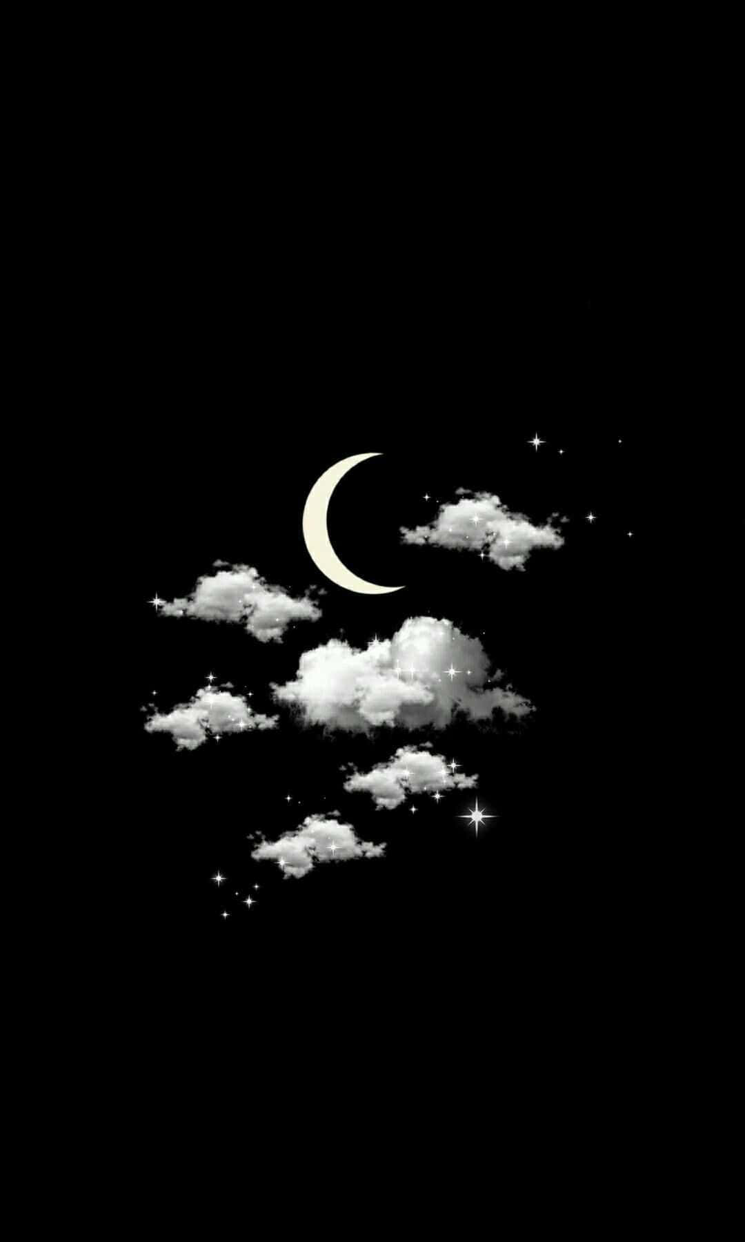 黑色 桌布 壁紙 — 一彎新月和散落的雲朵在點綴著閃爍星星的黑色夜空中柔和發光。