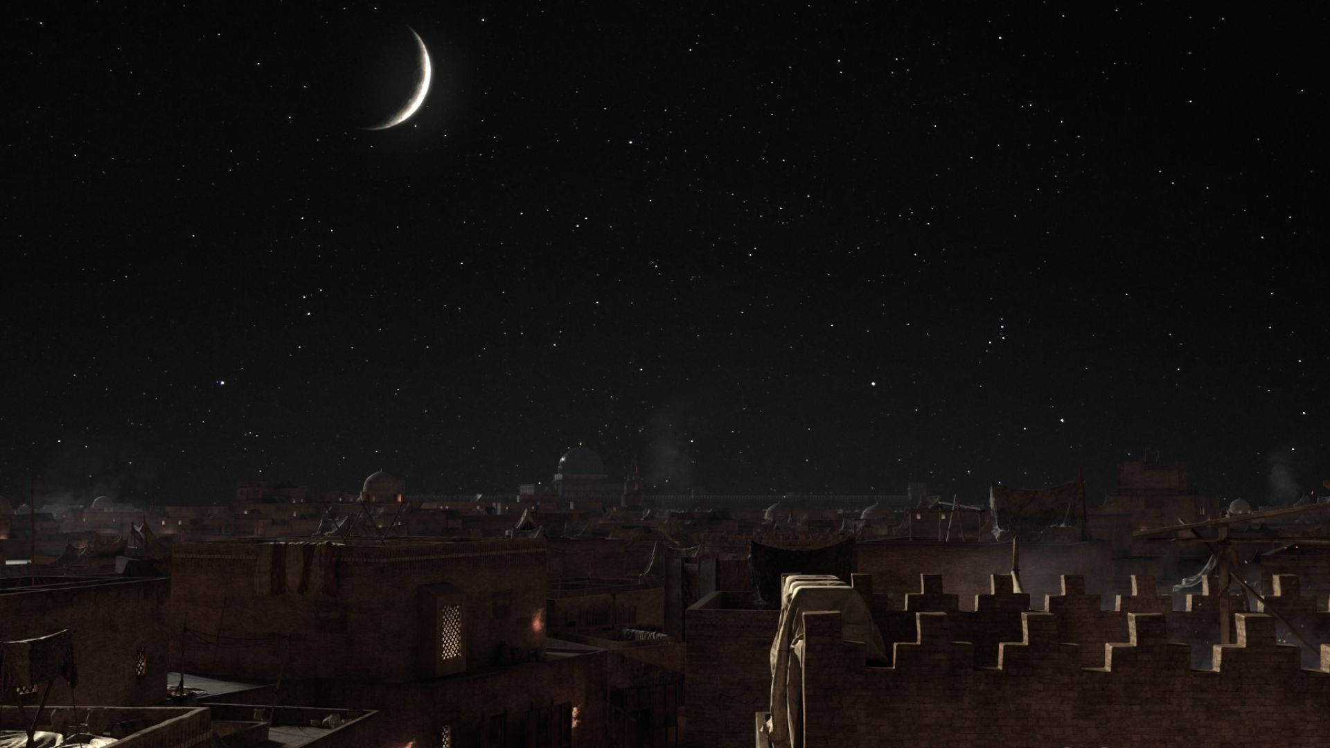 Baghdad 桌布 壁紙 — 一彎新月和星星在夜晚照耀著寂靜沙漠古城中的古老石屋頂。