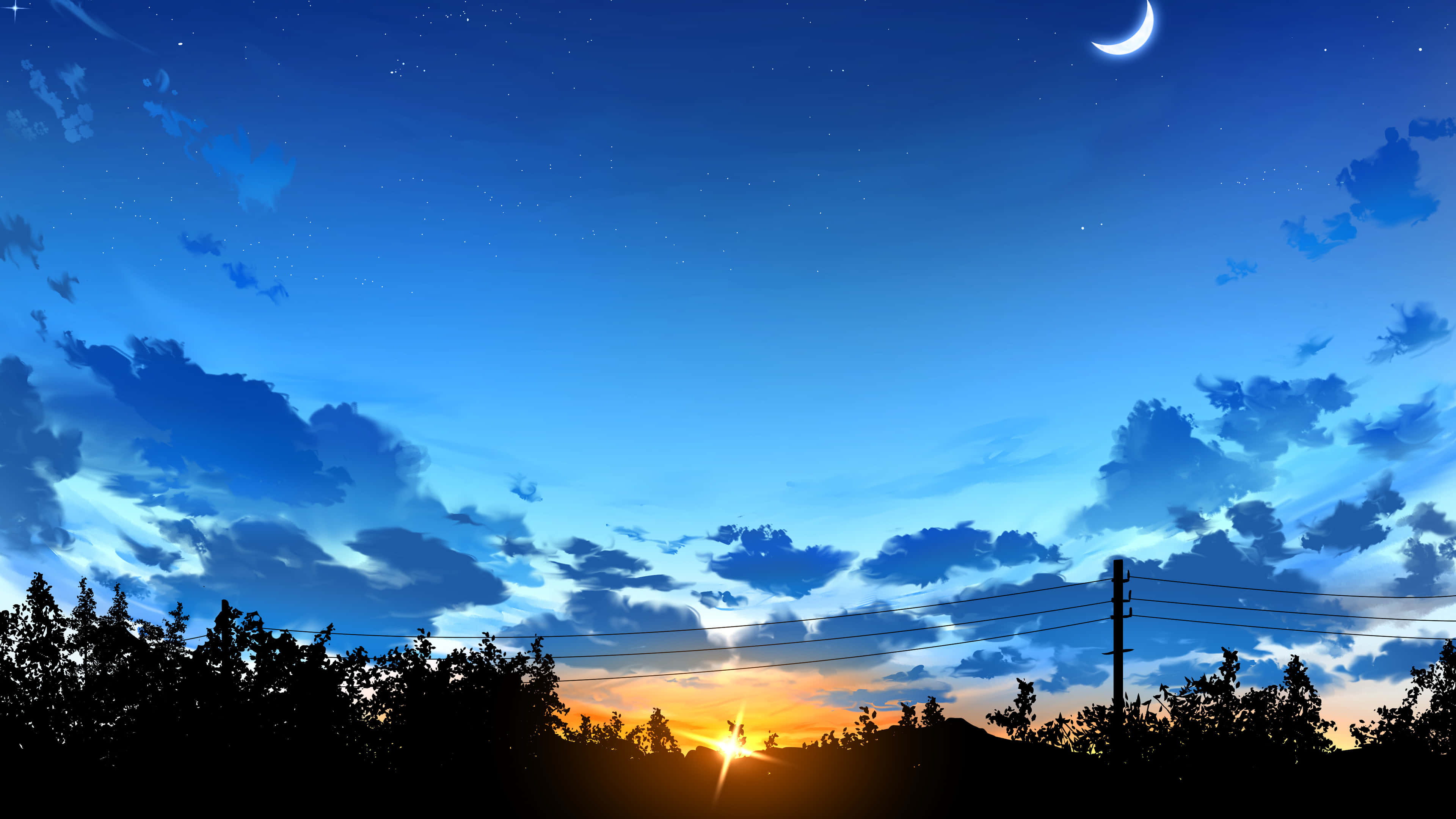 動漫 桌布 壁紙 — 一彎新月和星星在暮色天空中閃耀，太陽在剪影般的樹木和電線後面落下。