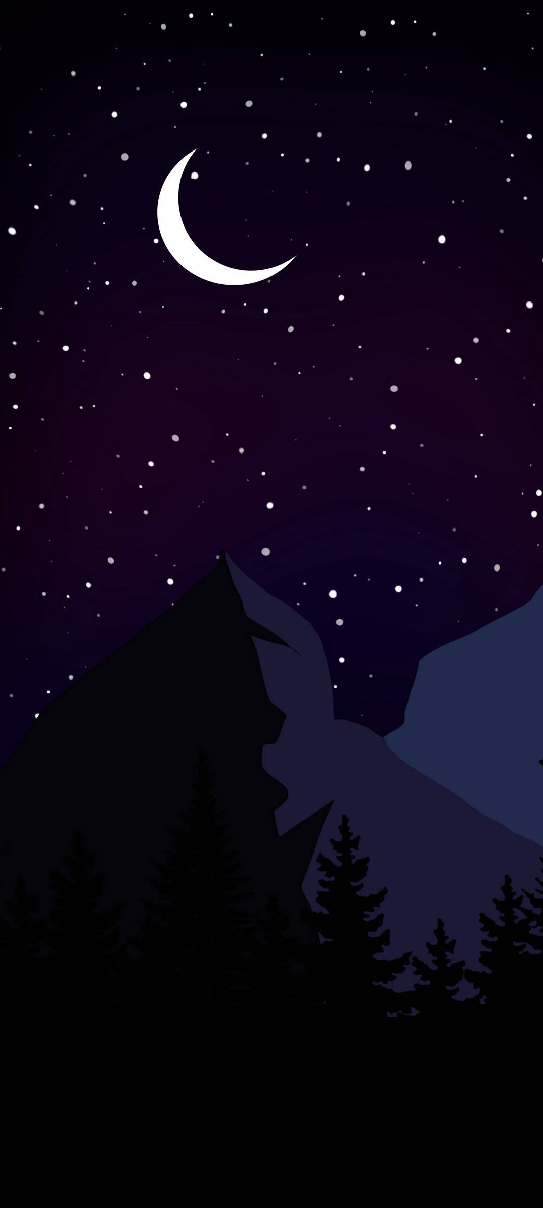 黑夜 桌布 壁紙 — 一彎新月和星星在深紫色夜空下，在黑暗的山峰和松樹上方閃耀。