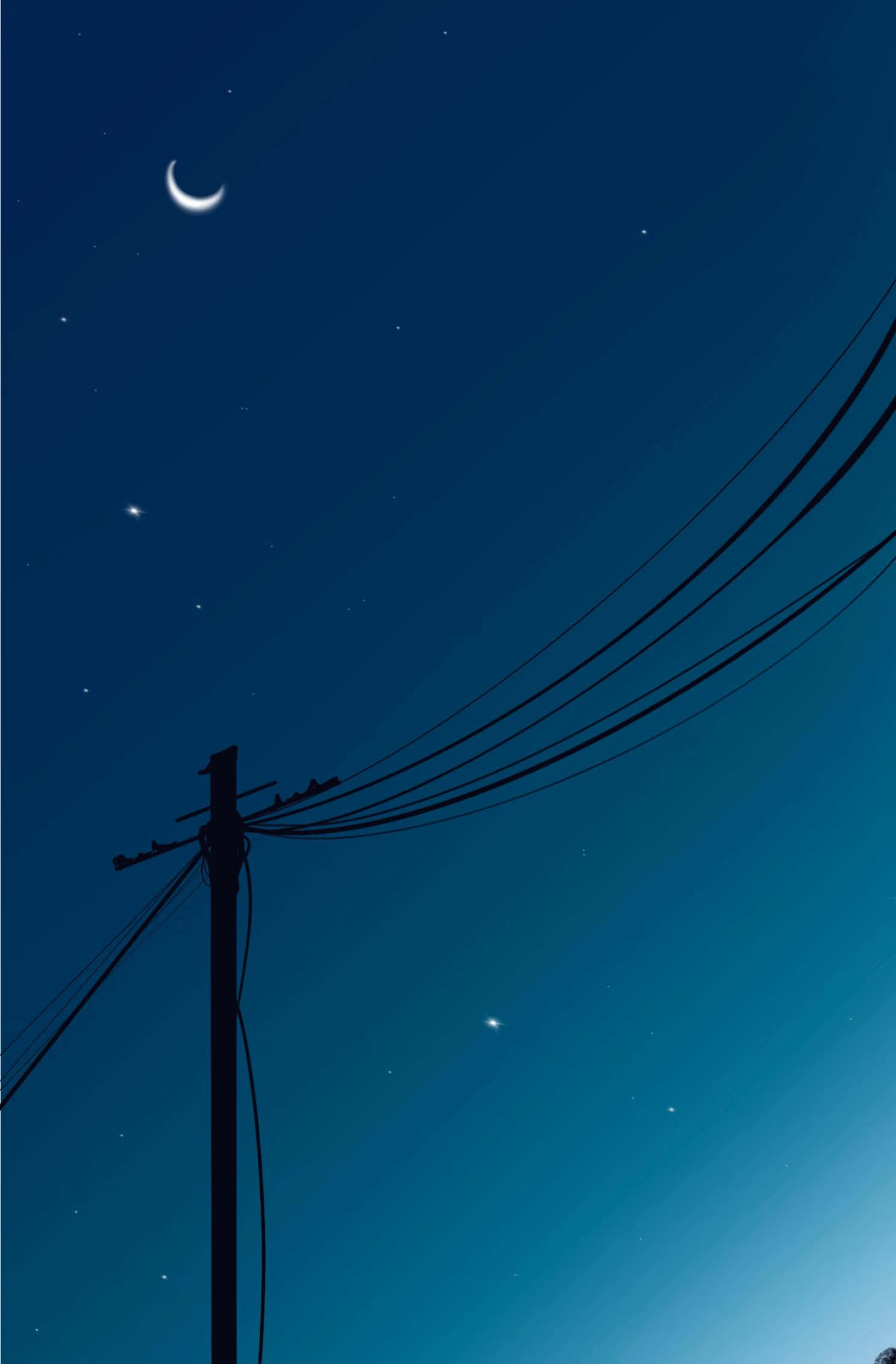 1488x2266 桌布 壁紙 — 一彎新月和星星在深藍色夜空中的電線杆和電線的黑色剪影上方閃耀。