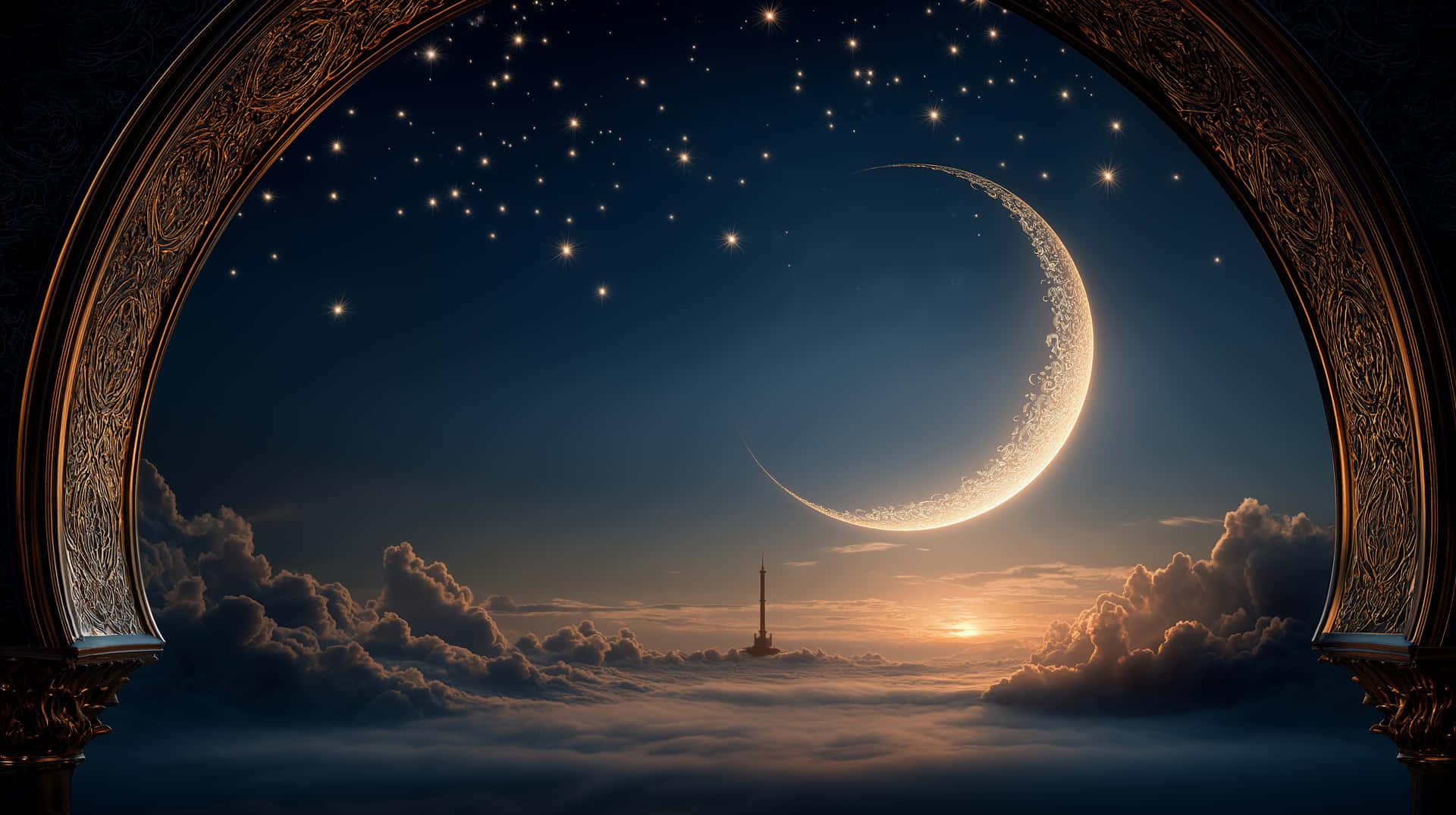 Arched Opening to Moonlit Clouds and Distant Spire 壁紙 — 一彎新月和星星在雲端升起的遠方塔樓上方發光，由華麗的金色拱門框住。