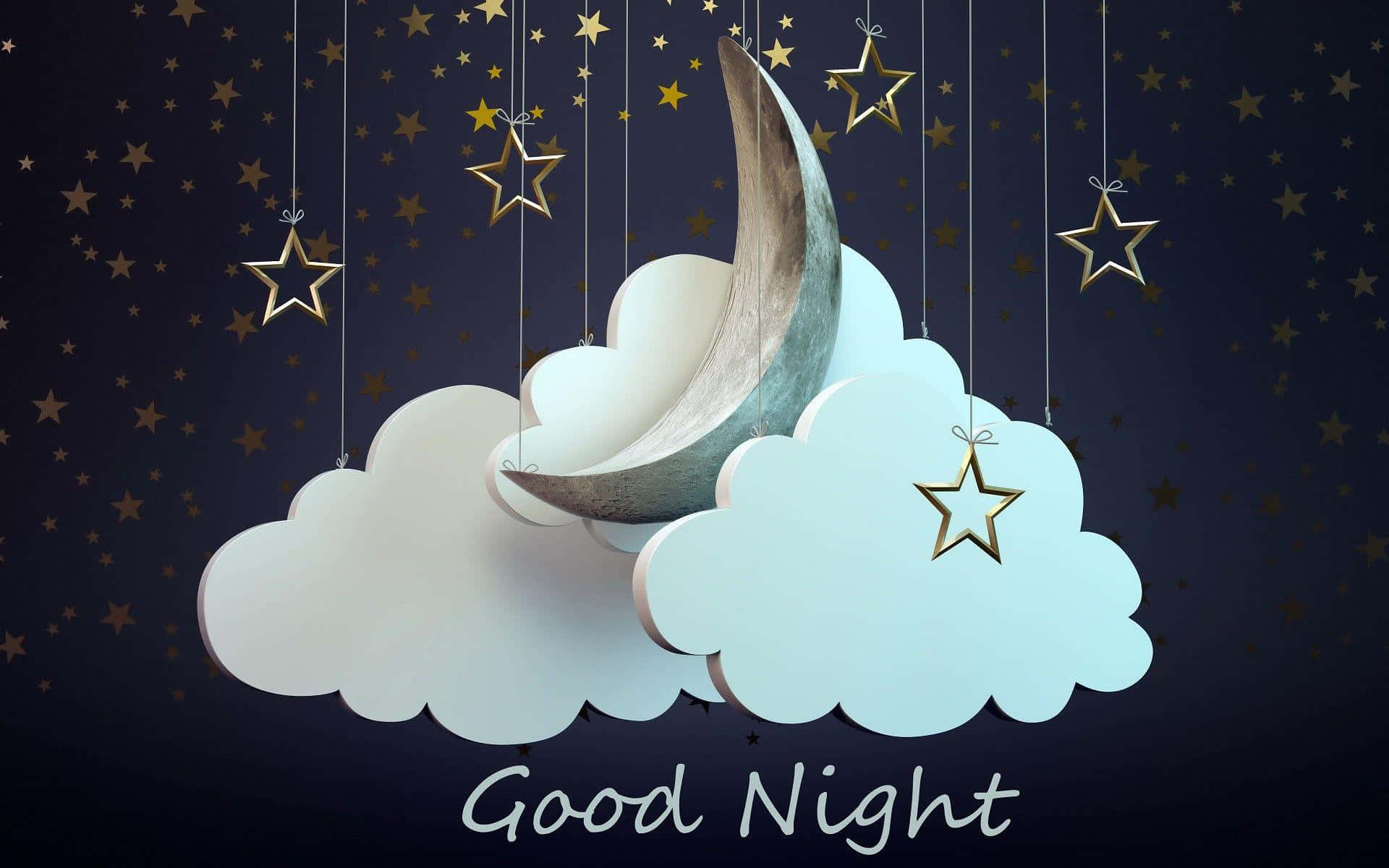 good night animated 桌布 壁紙 — 一彎新月和星星懸浮在蓬鬆的雲朵之上，襯著漆黑的星空夜空，並帶有「晚安」文字。