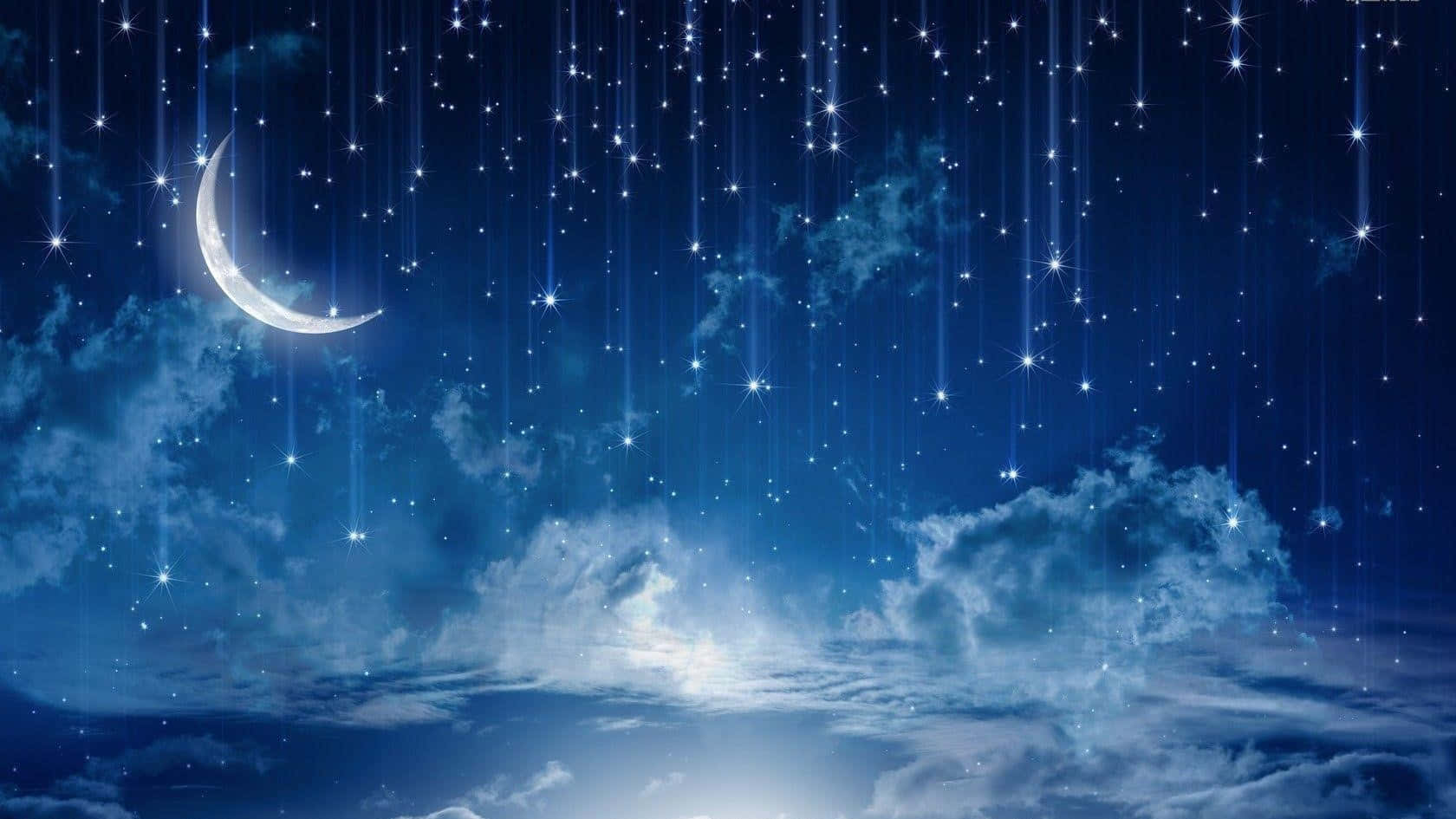 Stars 桌布 壁紙 — 一彎新月和閃爍的星星在深藍色的雲層中傾瀉而下，構成神奇的夜空。