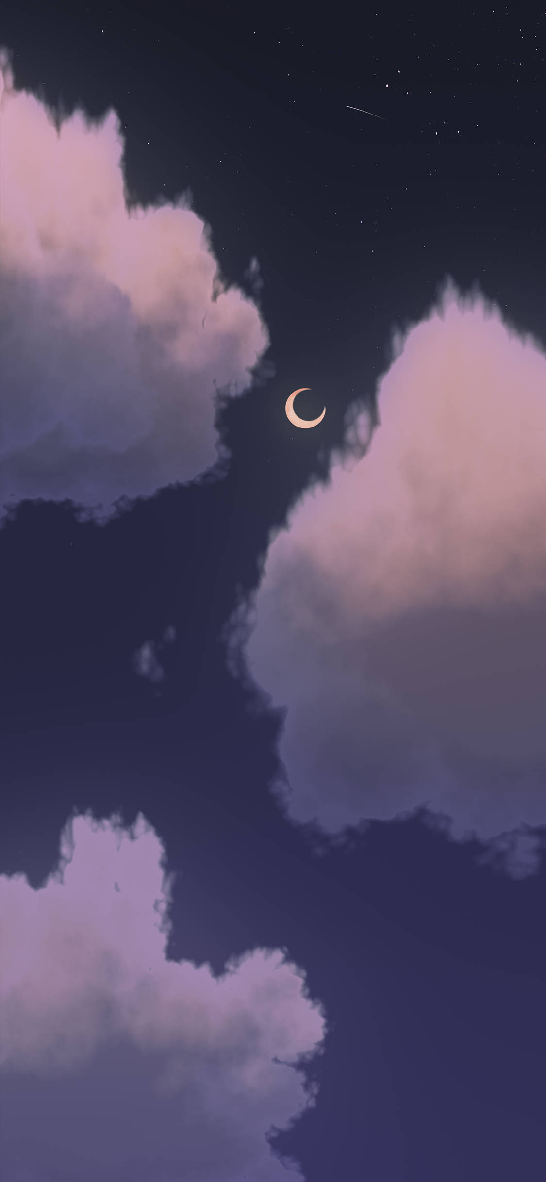 Clouds Aesthetics 桌布 壁紙 — 一彎新月在夢幻的紫色和粉紅色雲朵之間柔和地發光，點綴著星空的夜空。