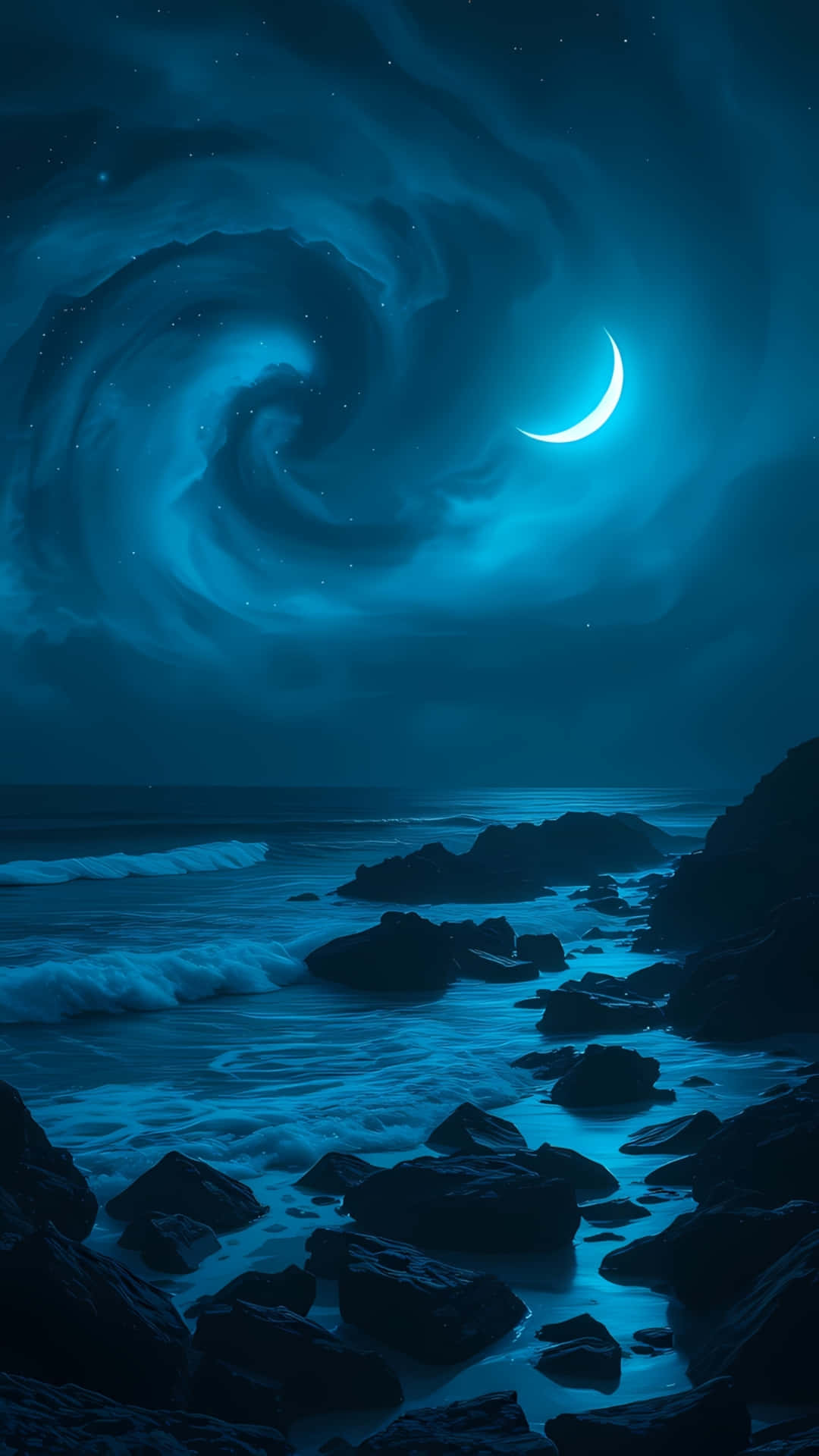 Surreal Blue Moonlight Ocean Waves and Rocks 壁紙 — 一彎新月在旋轉的藍色星雲上方發光，海浪在月光照耀的海岸上拍打著黑暗的岩石。