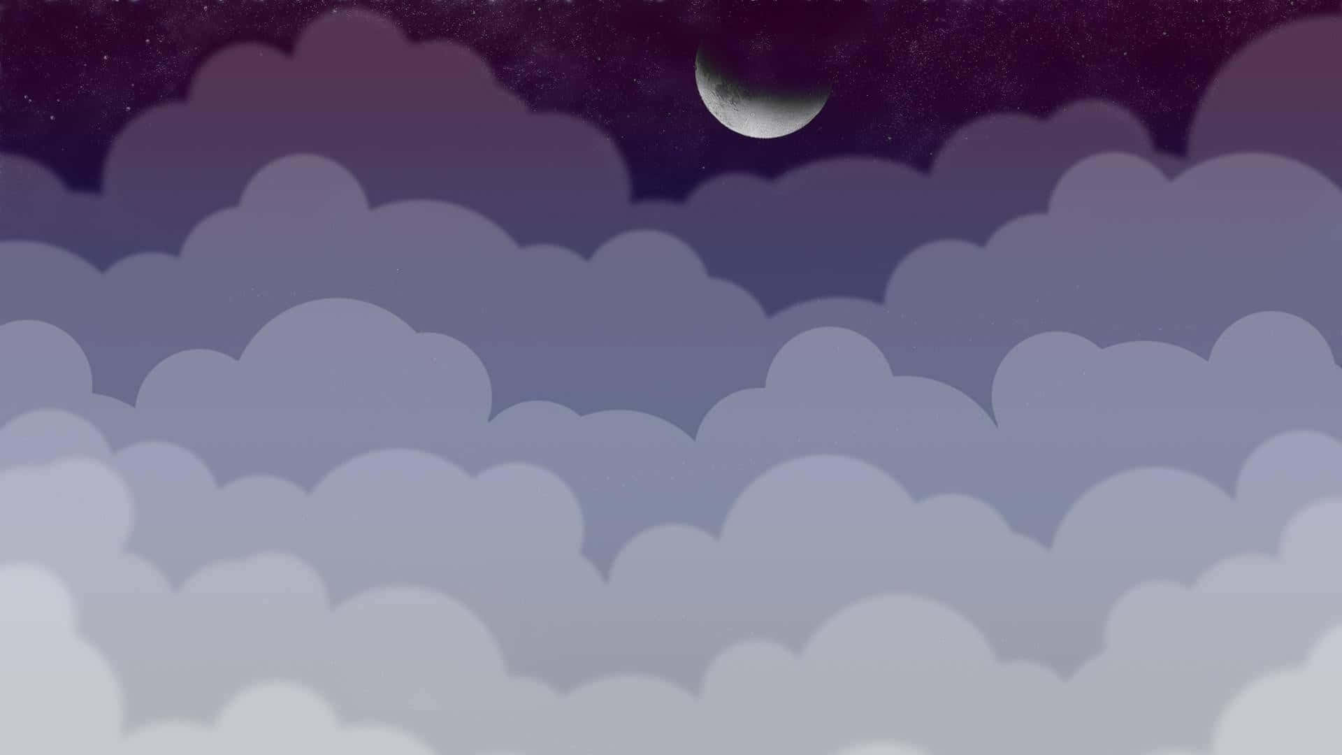 Minimalist Sky 桌布 壁紙 — 一彎新月在星空下，在柔和的紫色和灰色雲海之上閃耀。
