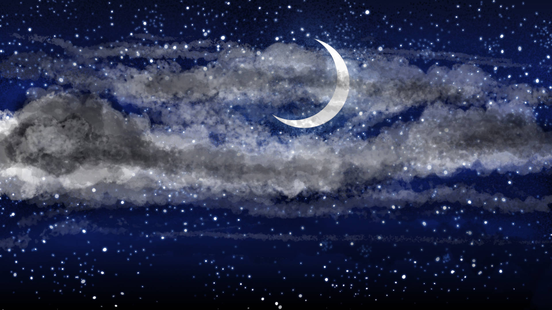 月亮與星星 桌布 壁紙 — 一彎新月在深藍與銀色交織的午夜星空下，透過縷縷薄雲柔和地發光。