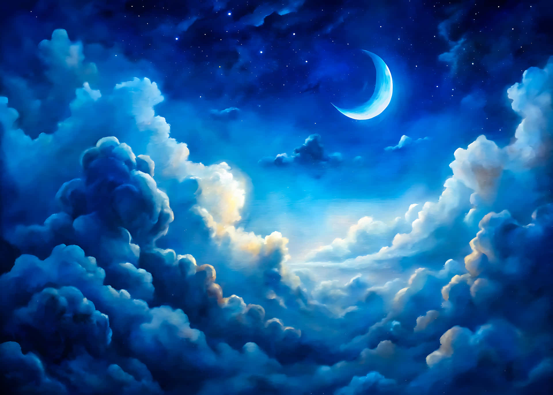 Bright blue sky with fluffy white clouds and sunlight 壁紙 — 一彎新月在深藍色夜空中旋轉的雲層上方柔和地發光，夜空點綴著星星。