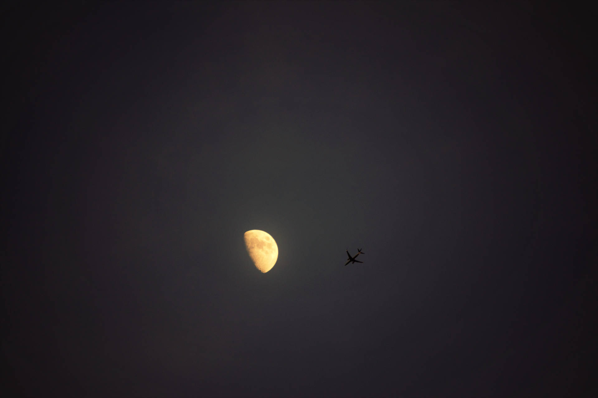一彎新月與附近飛過的小飛機在夜空中的景象。 — 棕色愛心 GIF 壁紙