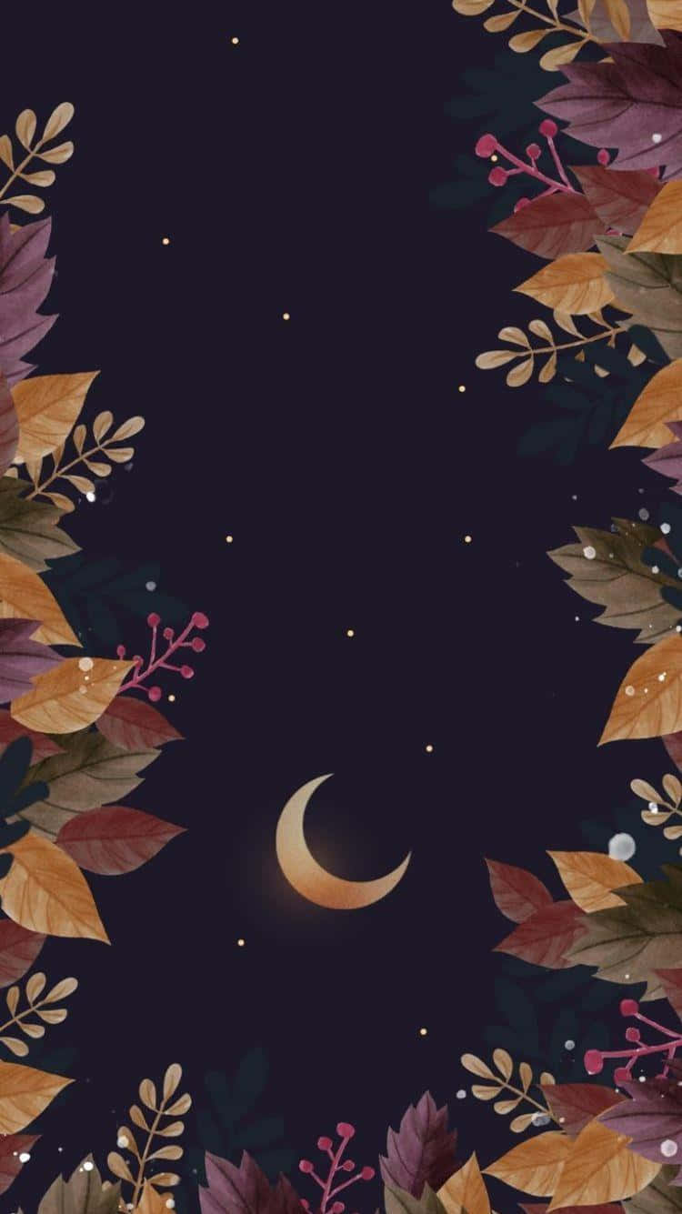 Witchy Phone 桌布 壁紙 — 一彎新月在秋葉和纖細樹枝框住的星空下柔和地發光。